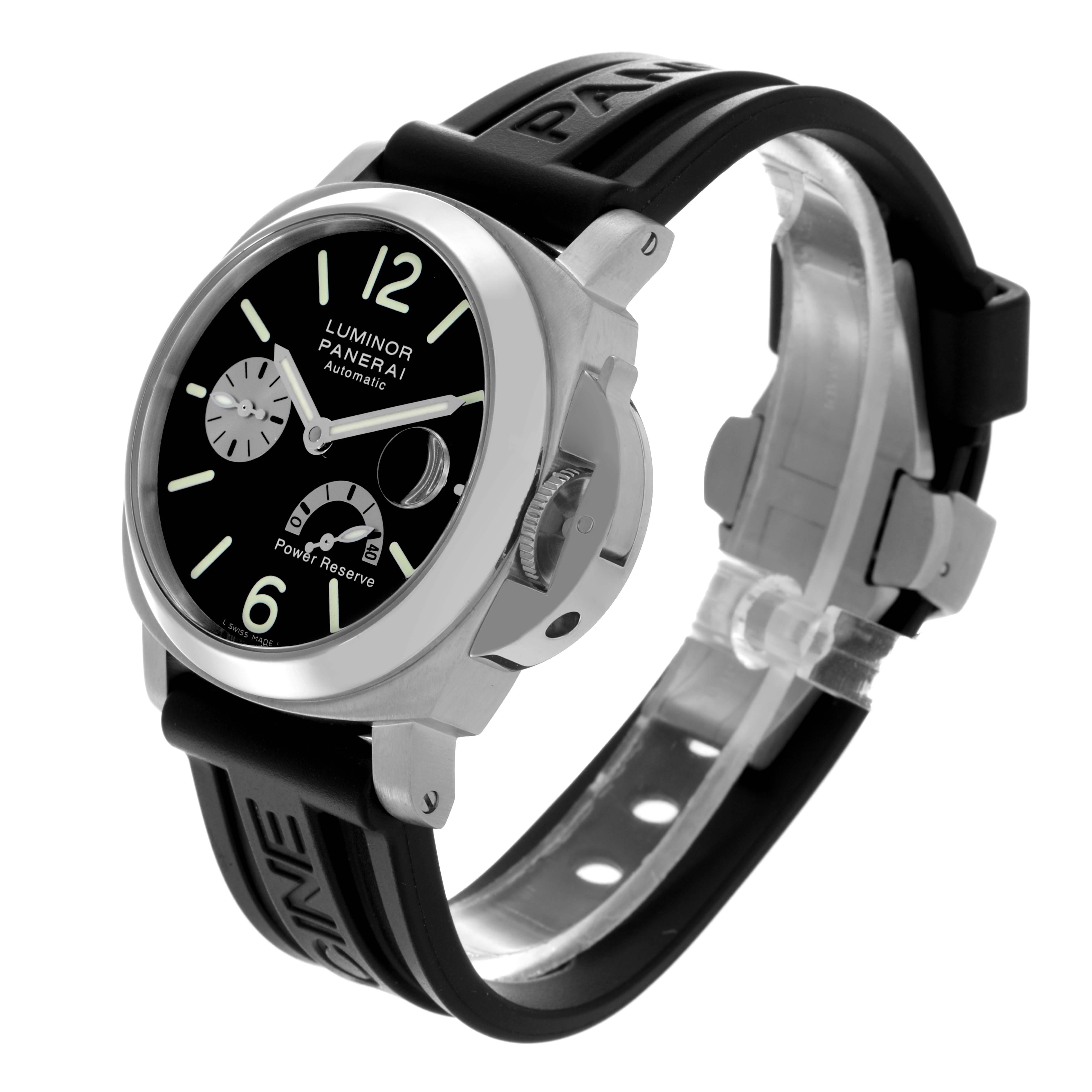 The Luminor by Panerai is shown at a three-quarter angle displaying the dial, crown guard, and rubber strap.