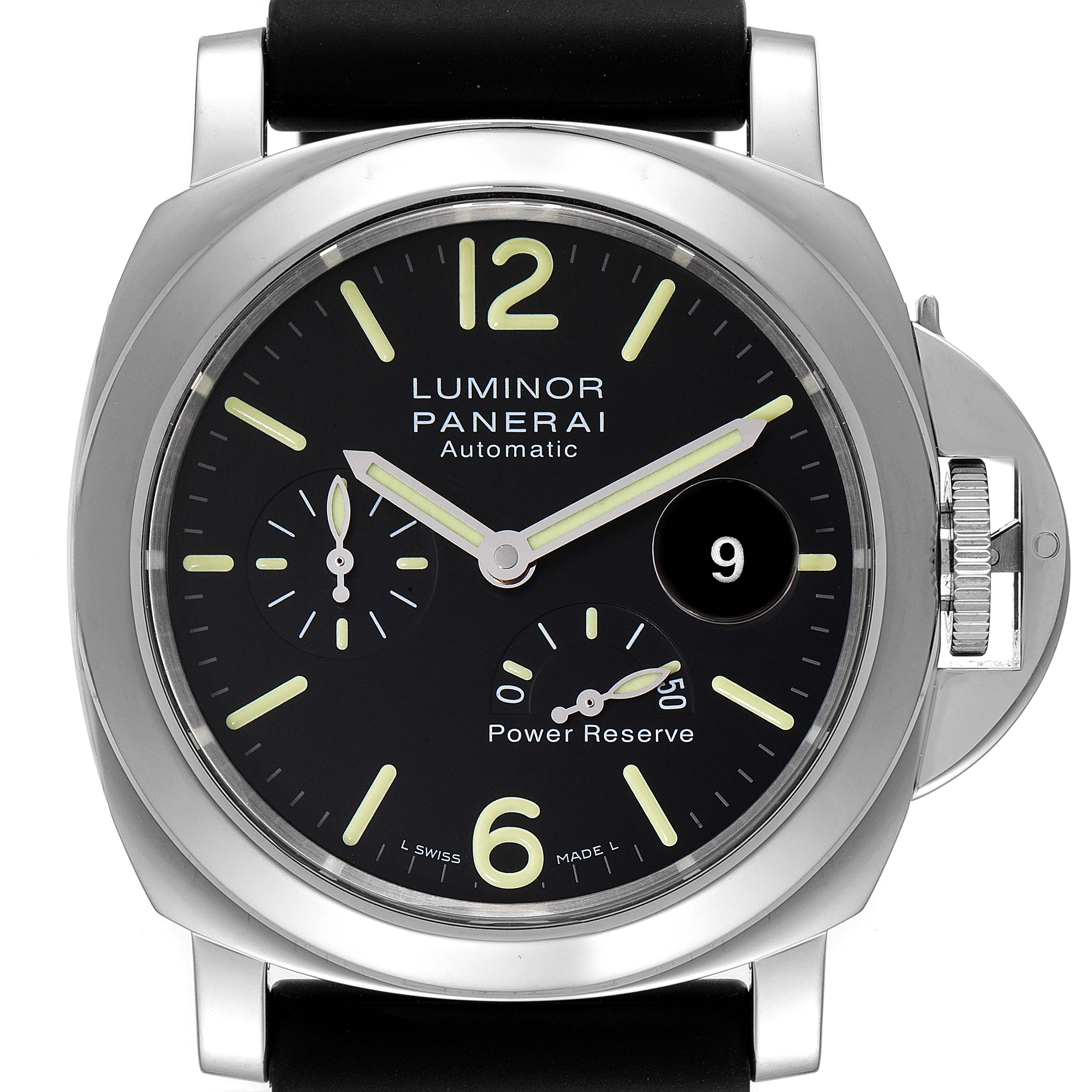 Front view of a Panerai Luminor PAM01090 Men's Stainless Steel Black Dial PAM01090 Men's Stainless Steel Black Dial model watch showing the dial, hands, power reserve indicator, and date window.