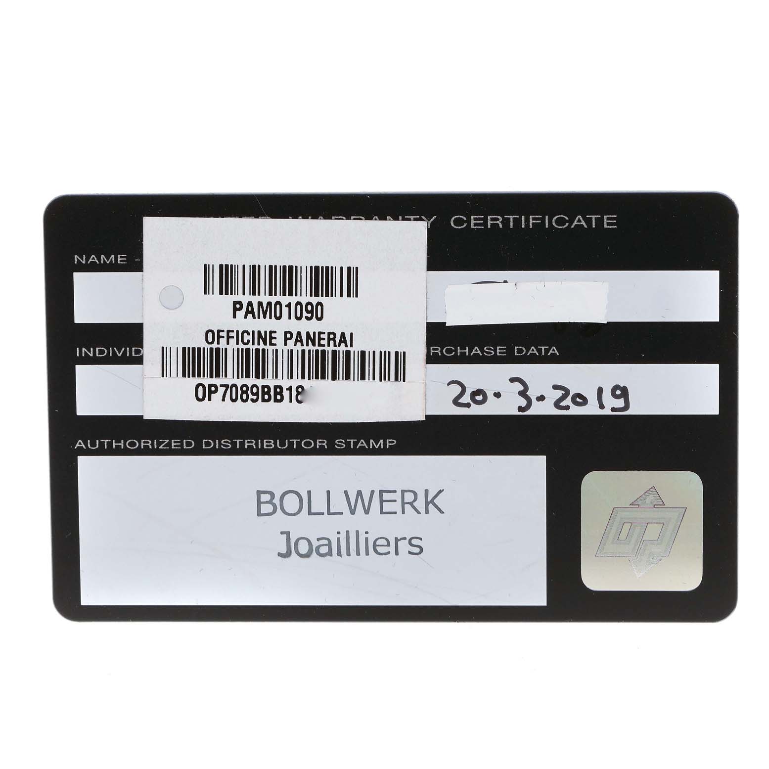 The image shows a warranty certificate card for the Panerai Luminor PAM01090 Men's Stainless Steel Black Dial PAM01090 Men's Stainless Steel Black Dial model PAM01090.