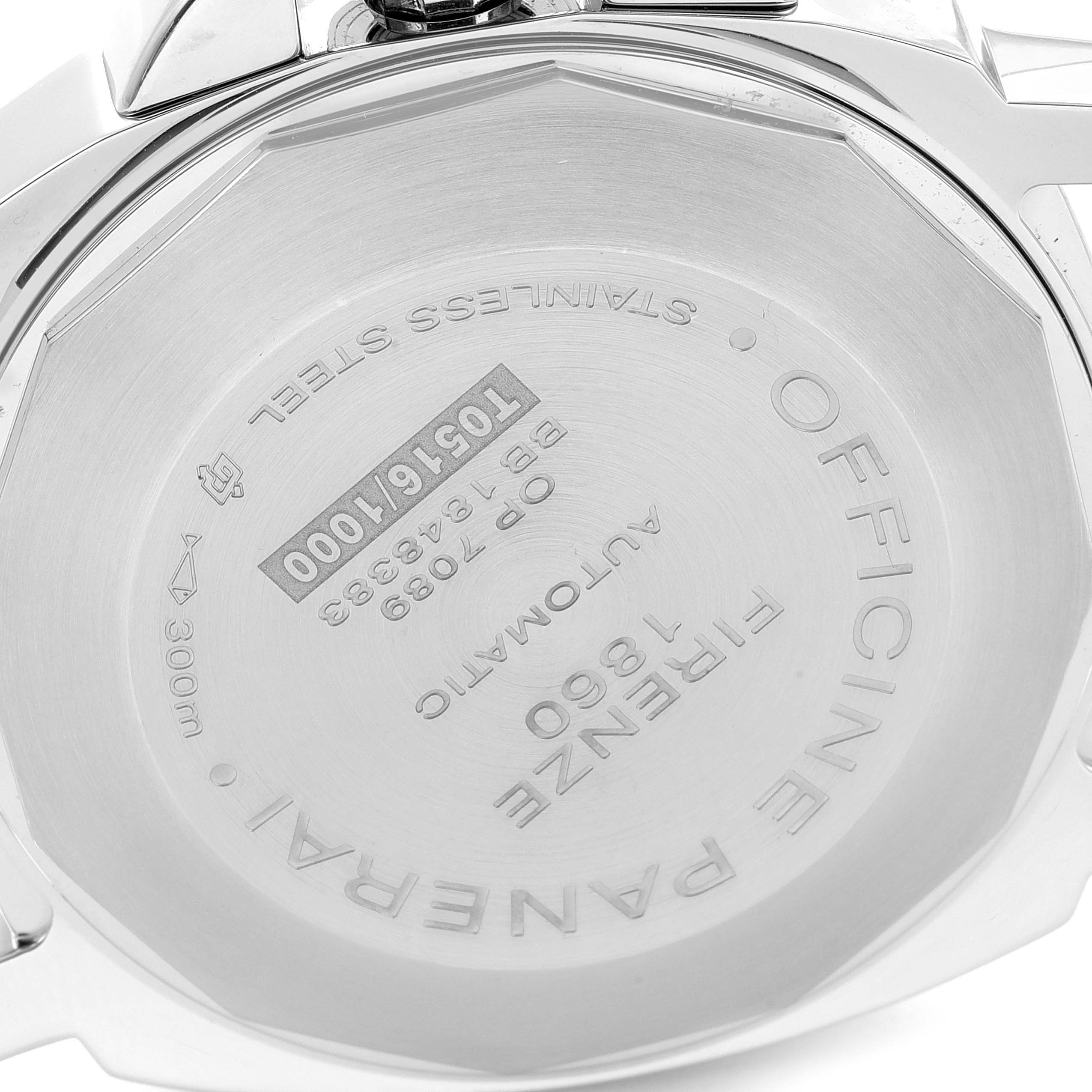 The image shows the case back of a Panerai Luminor PAM01090 Men's Stainless Steel Black Dial PAM01090 Men's Stainless Steel Black Dial watch, displaying its engravings and specifications.