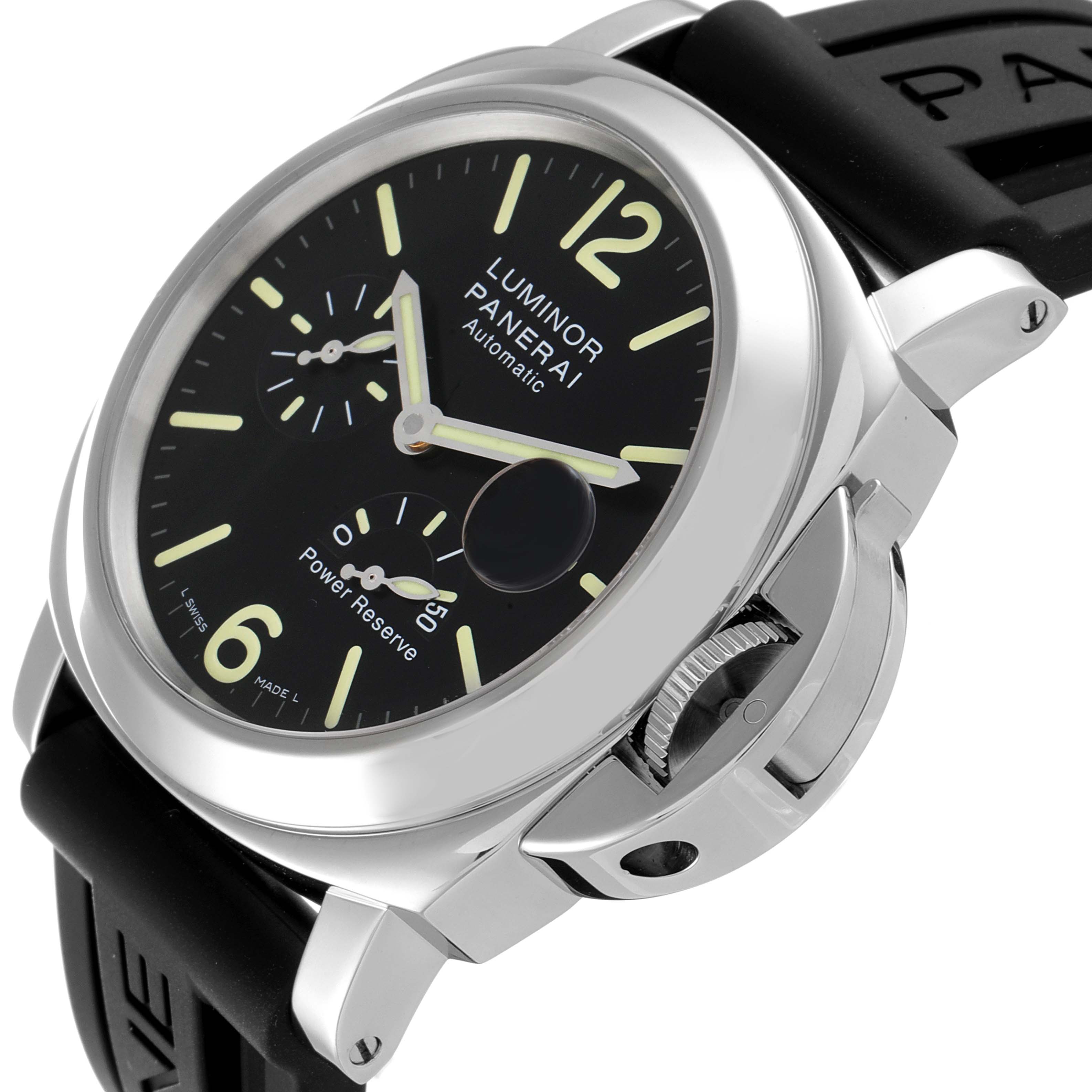 The image shows a close-up side angle of the Panerai Luminor PAM01090 Men's Stainless Steel Black Dial PAM01090 Men's Stainless Steel Black Dial watch, featuring the dial, crown, and rubber strap.
