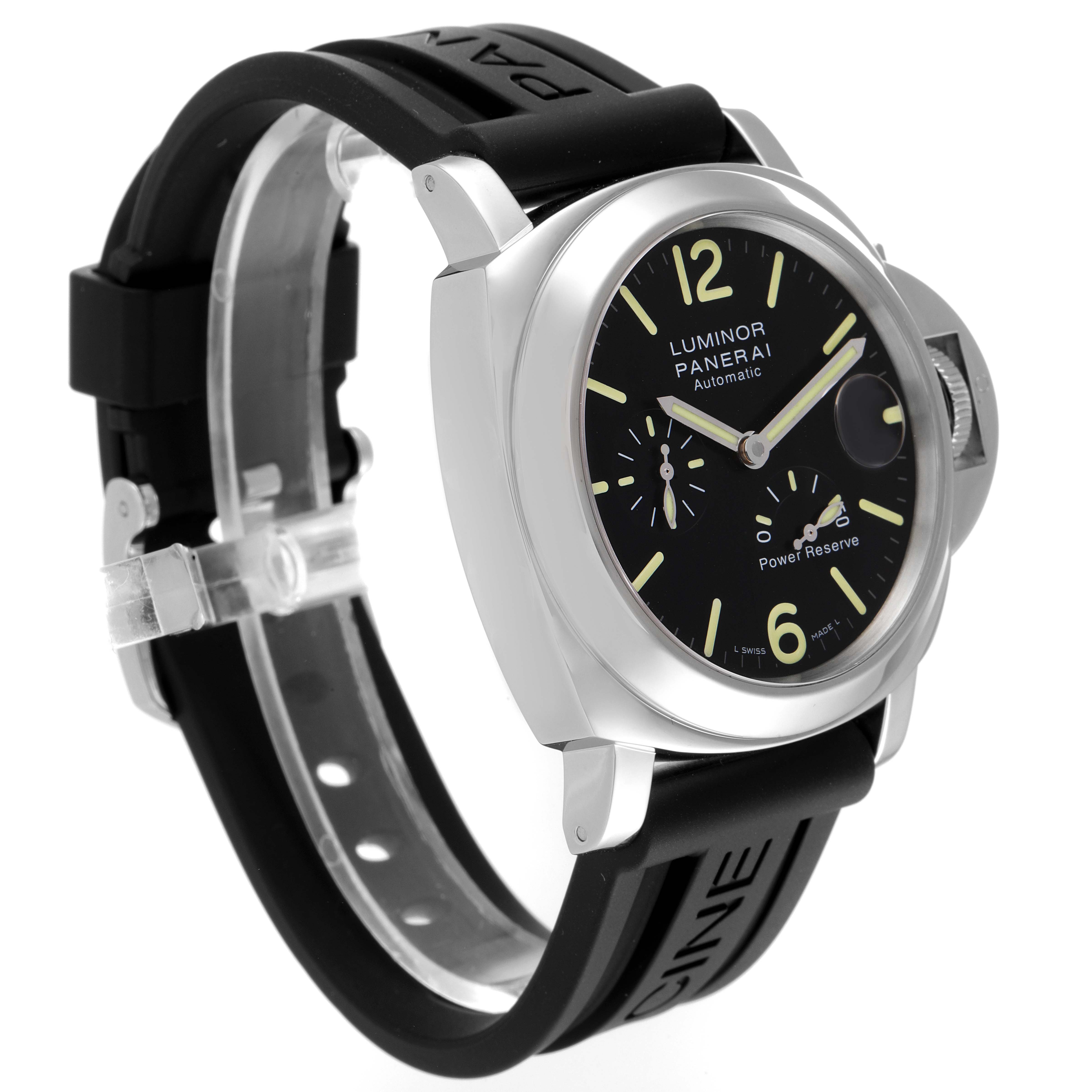 This image shows a Panerai Luminor PAM01090 Men's Stainless Steel Black Dial PAM01090 Men's Stainless Steel Black Dial watch at a three-quarter angle, highlighting its face, bezel, crown guard, and black strap.