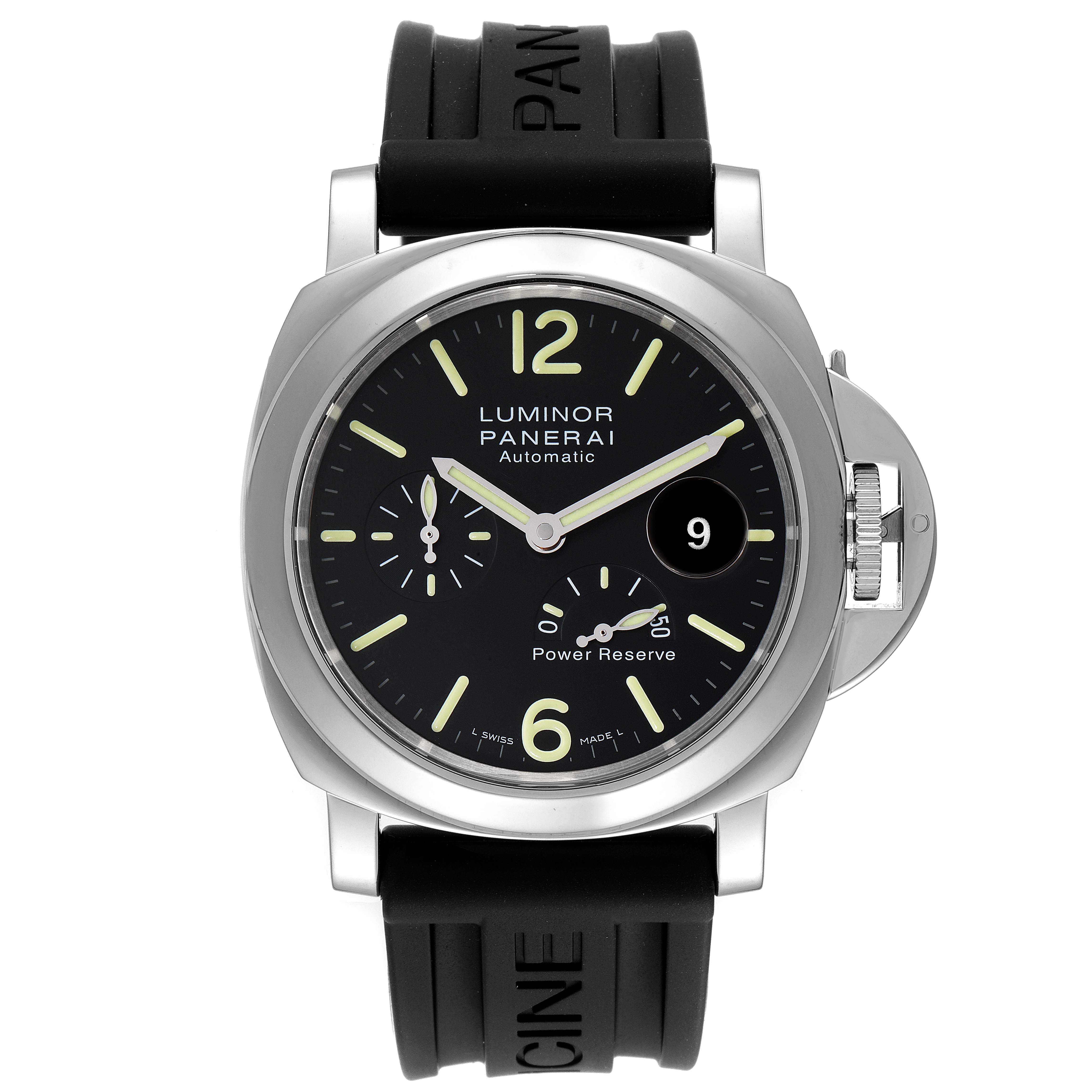 The image shows a front view of the Panerai Luminor PAM01090 Men's Stainless Steel Black Dial PAM01090 Men's Stainless Steel Black Dial watch, featuring its black dial, power reserve indicator, and rubber strap.