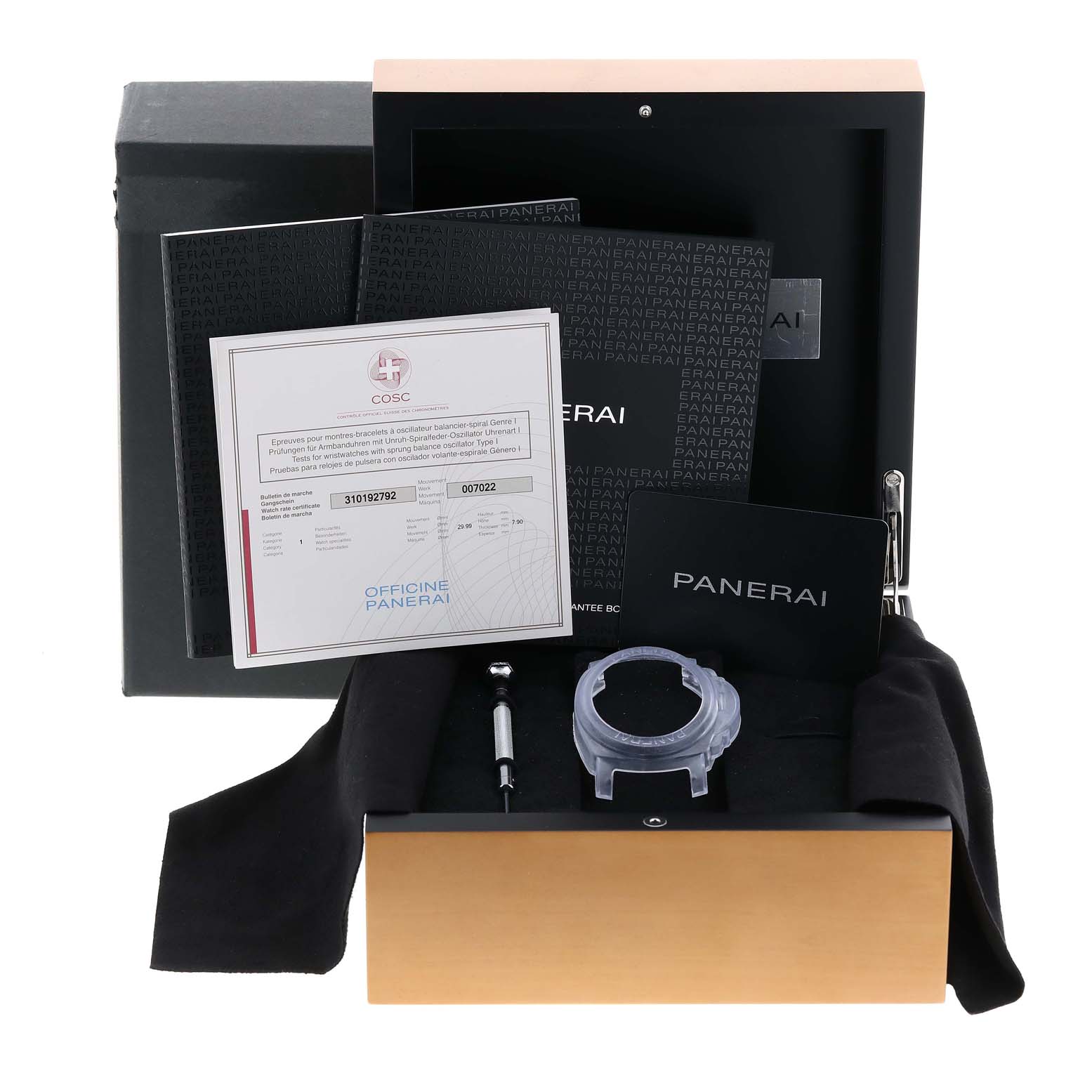 The image shows the accessories of a Panerai Luminor PAM01090 Men's Stainless Steel Black Dial PAM01090 Men's Stainless Steel Black Dial watch, including a watch case, documents, a tool, and packaging.