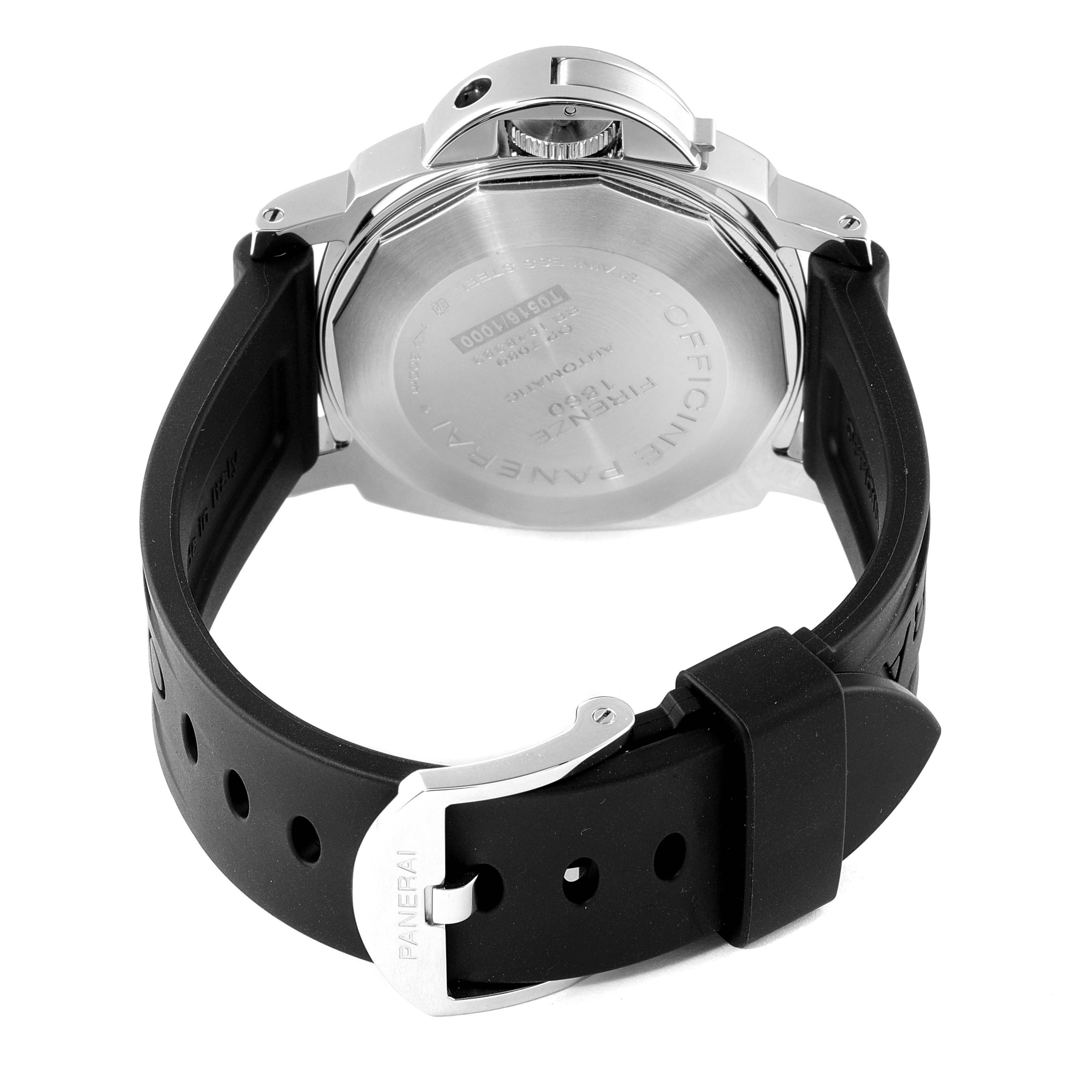 The image shows the back of a Panerai Luminor PAM01090 Men's Stainless Steel Black Dial PAM01090 Men's Stainless Steel Black Dial watch, highlighting the case back, crown guard, and the buckle of the strap.