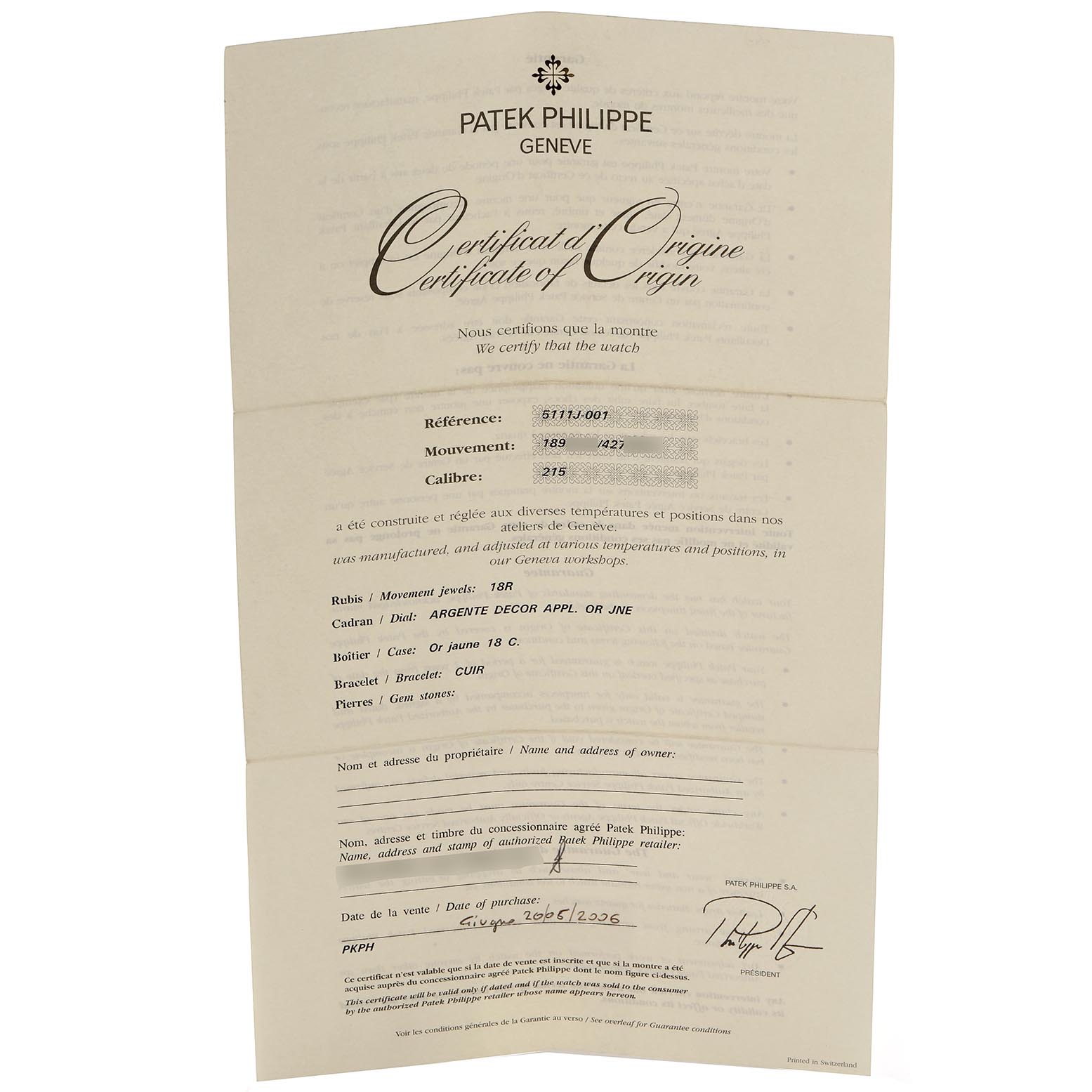 This is a certificate of origin for the Patek Philippe Gondolo 5111J-001 Men's Yellow Gold Silver Dial 5111J-001 Men's Yellow Gold Silver Dial model, showing details like reference number and purchase date.