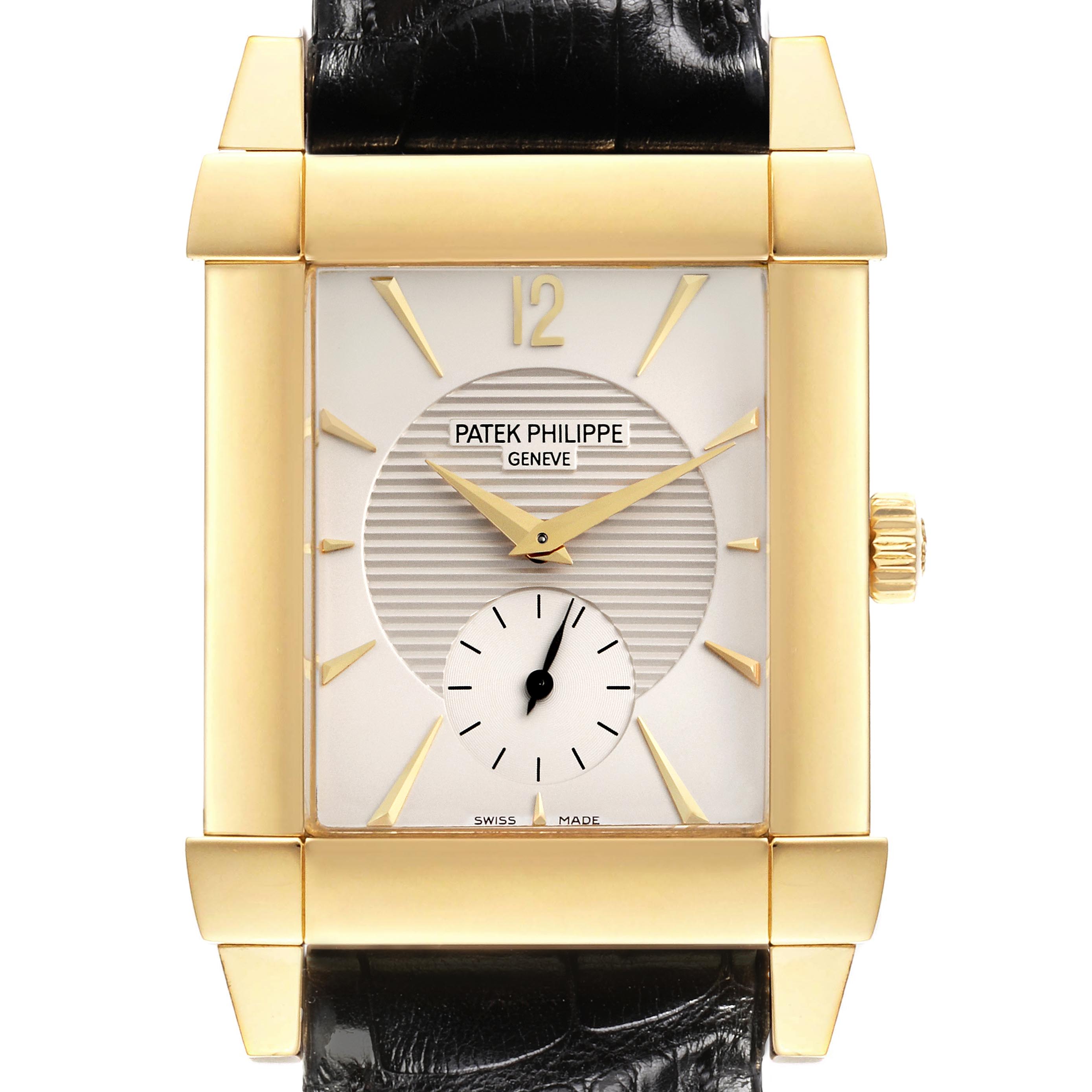 The Patek Philippe Gondolo 5111J-001 Men's Yellow Gold Silver Dial 5111J-001 Men's Yellow Gold Silver Dial watch is shown from the front, highlighting the rectangular face, gold case, hands, and leather strap.