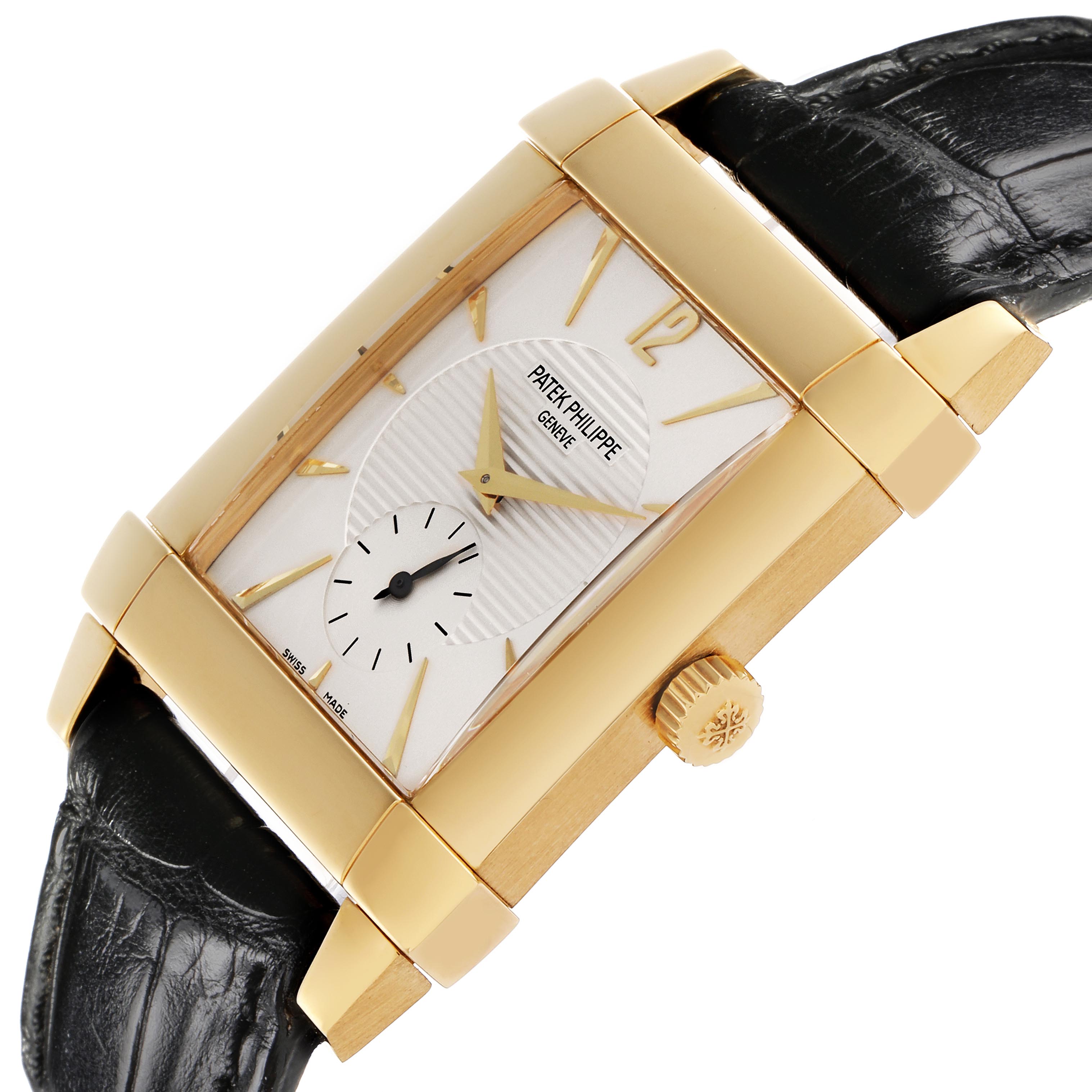 The Patek Philippe Gondolo 5111J-001 Men's Yellow Gold Silver Dial 5111J-001 Men's Yellow Gold Silver Dial watch is shown at an angled side view, highlighting the gold case, dial, and crown.