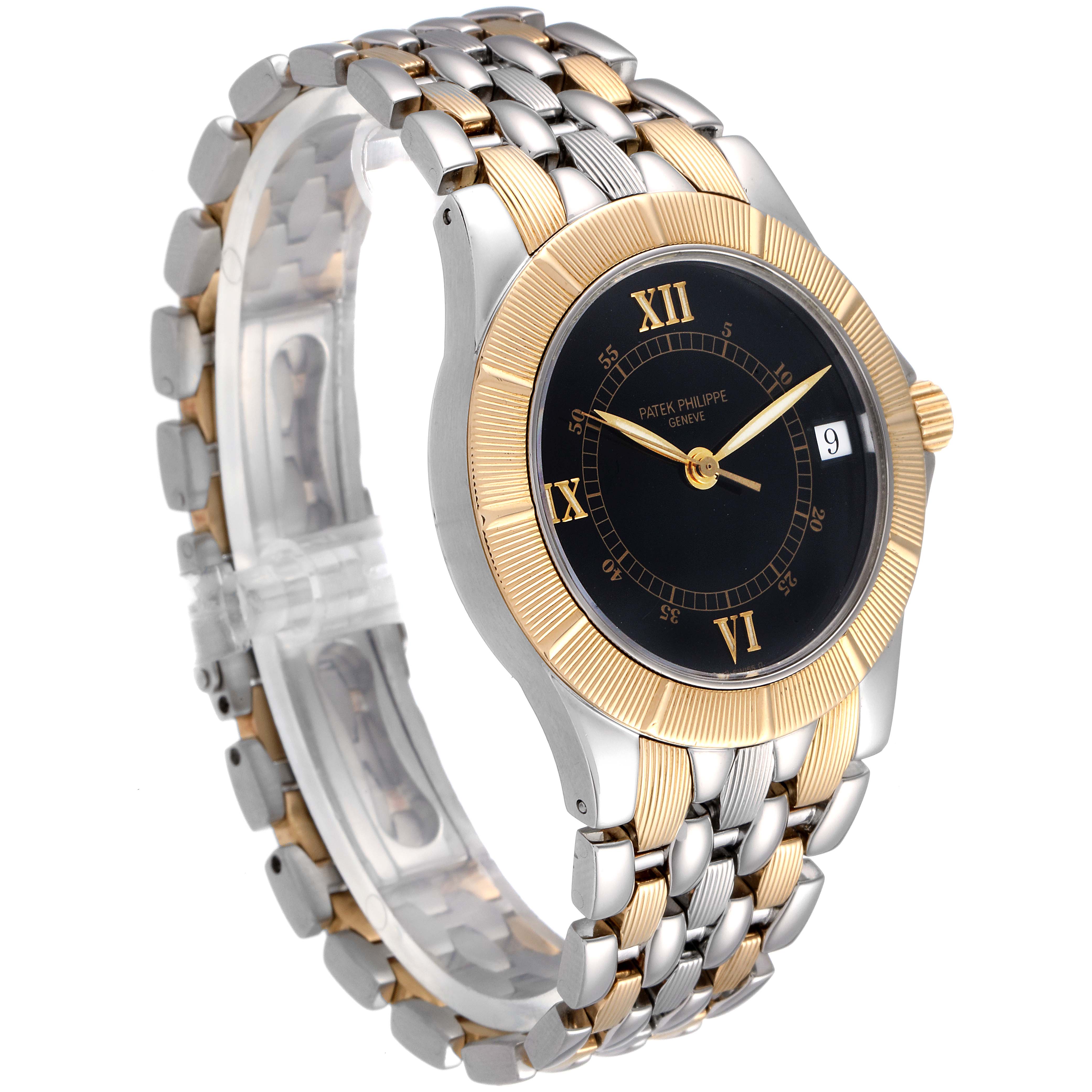 The image shows a front angle of the Patek Philippe Neptune 5080/IJA Men's Steel and Gold (two tone) Black Dial 5080/IJA Men's Steel and Gold (two tone) Black Dial model, highlighting its two-tone bracelet, black dial, and date window.