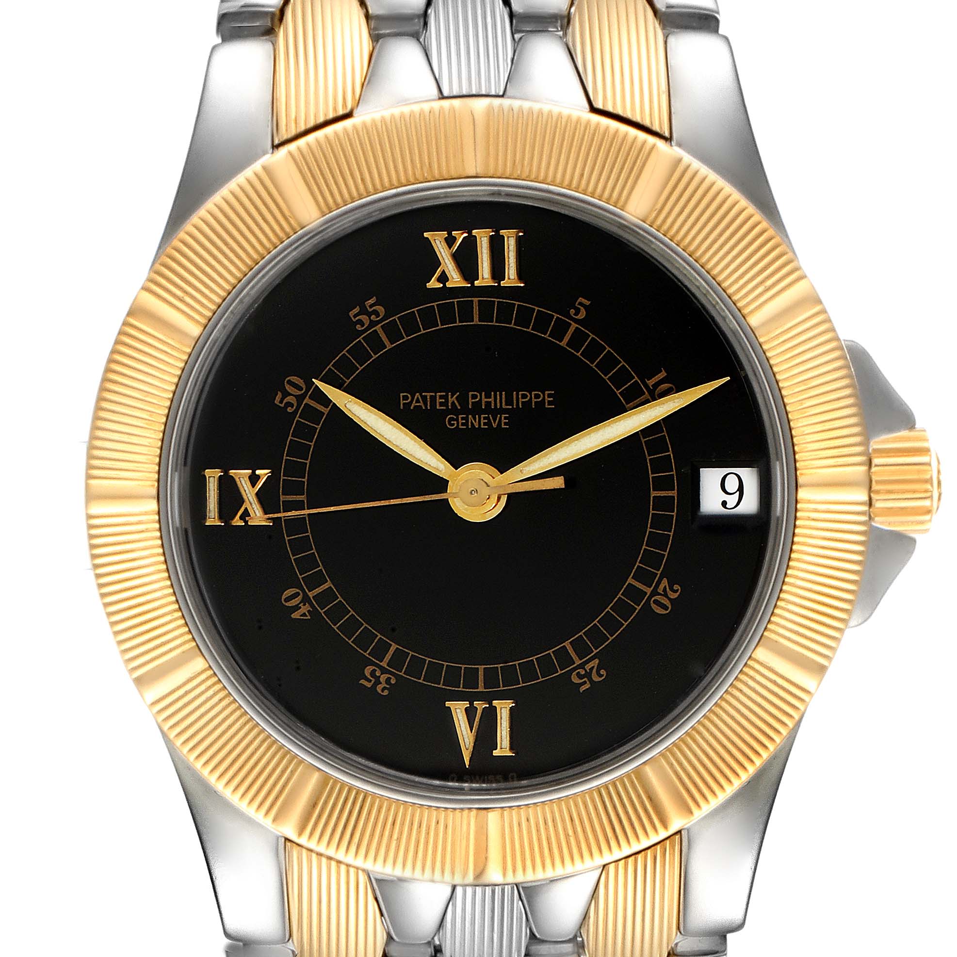 This image shows a front view of a Patek Philippe Neptune 5080/IJA Men's Steel and Gold (two tone) Black Dial 5080/IJA Men's Steel and Gold (two tone) Black Dial model watch, showcasing its gold and silver bezel and black dial.