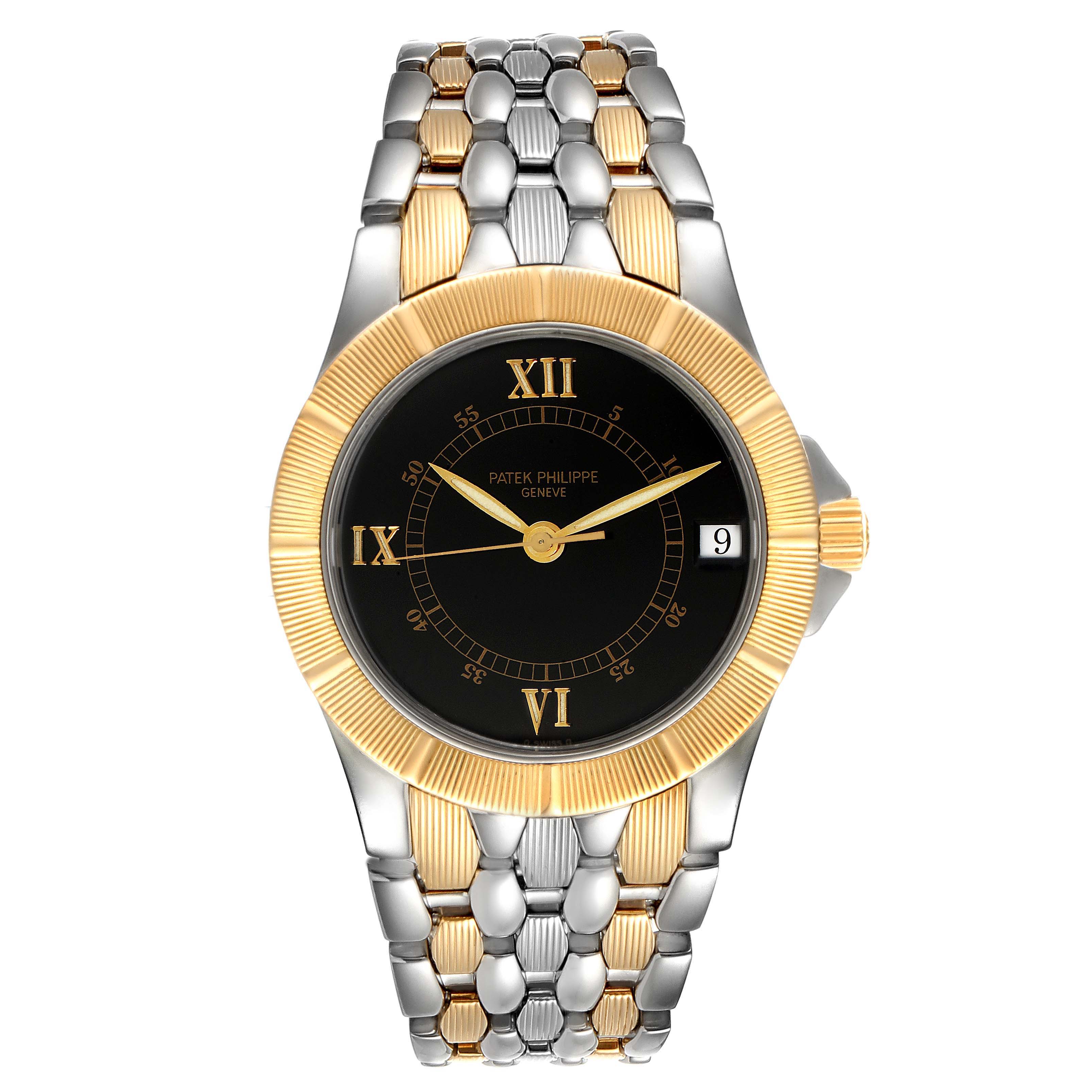 The image shows a front view of the Patek Philippe Neptune 5080/IJA Men's Steel and Gold (two tone) Black Dial 5080/IJA Men's Steel and Gold (two tone) Black Dial model watch, displaying the face and bracelet.
