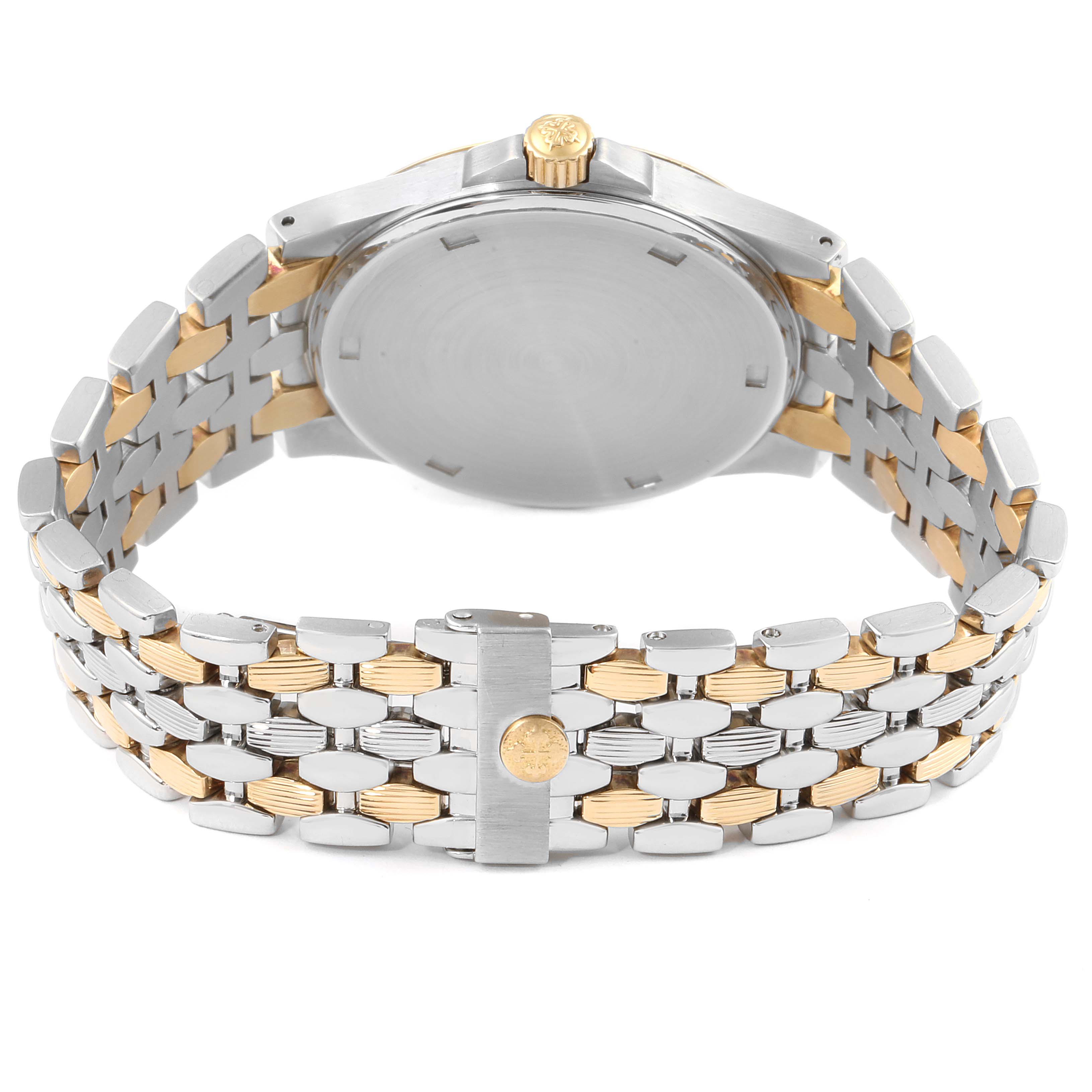 The image shows the back and bracelet of a Patek Philippe Neptune 5080/IJA Men's Steel and Gold (two tone) Black Dial 5080/IJA Men's Steel and Gold (two tone) Black Dial model watch.