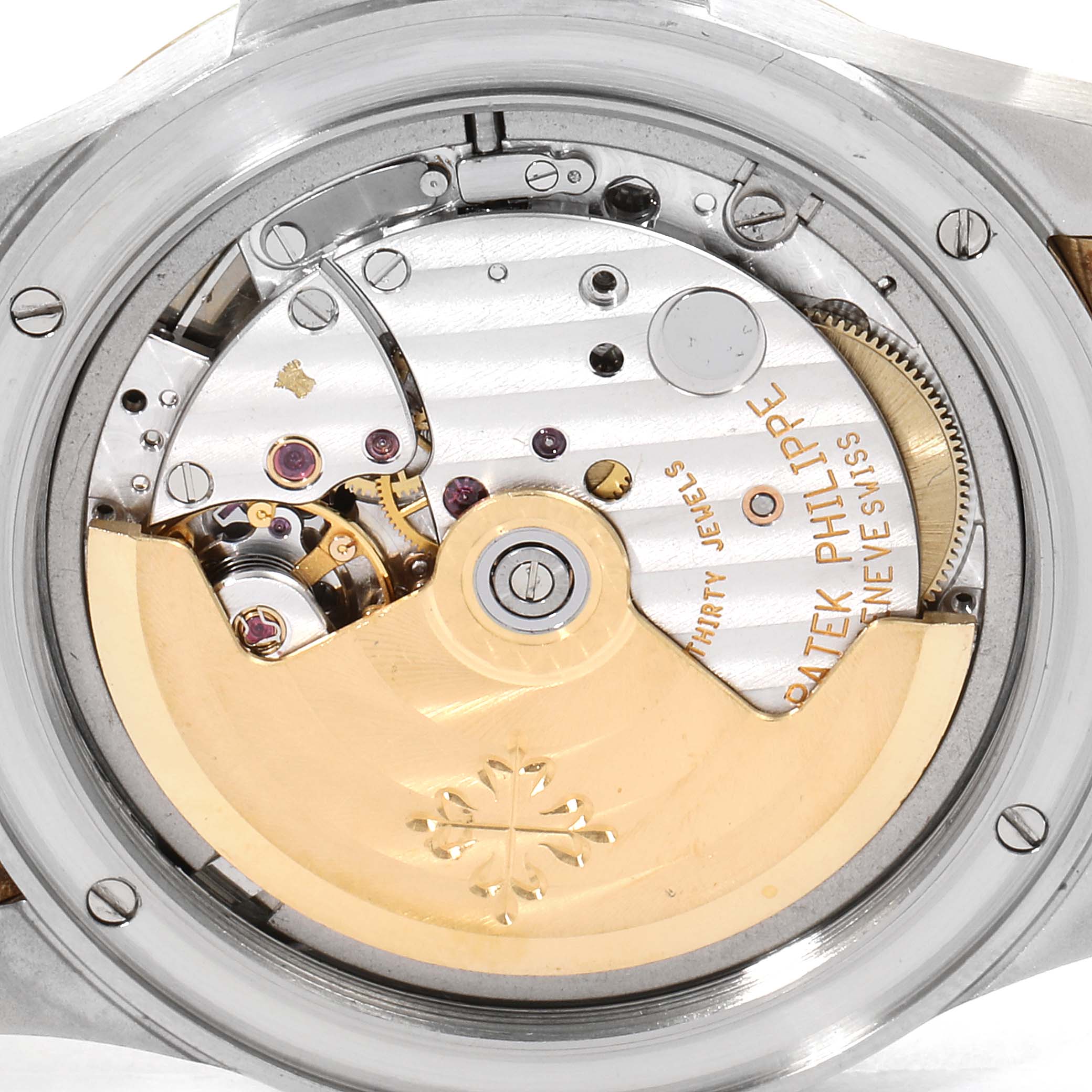 This image shows the back of a Patek Philippe Neptune 5080/IJA Men's Steel and Gold (two tone) Black Dial 5080/IJA Men's Steel and Gold (two tone) Black Dial model watch, showcasing its intricate movement and gears.