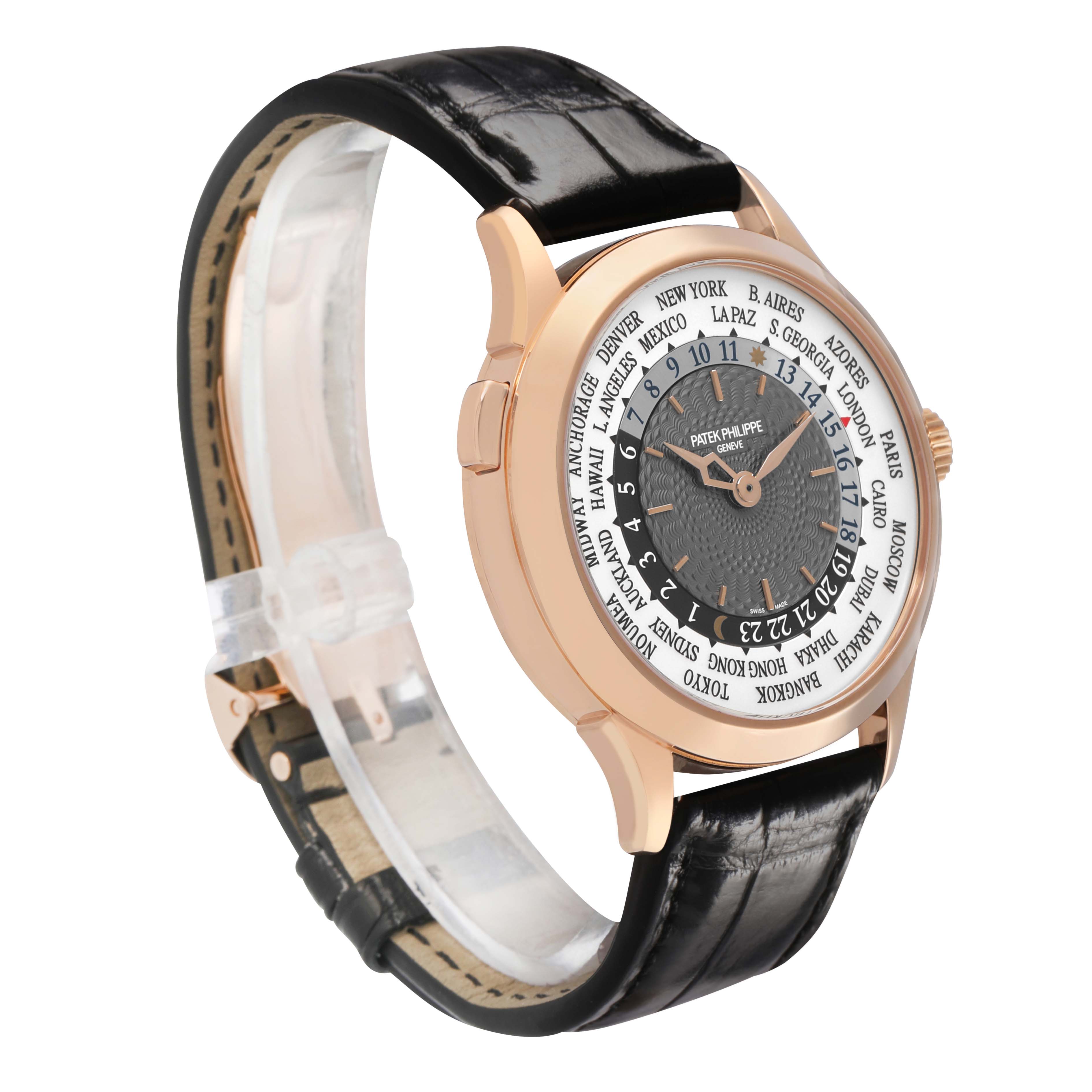 The Patek Philippe Complications 5230R-001 Men's Rose Gold Grey Dial watch is shown at a three-quarter angle, highlighting the world time dial and black leather strap.