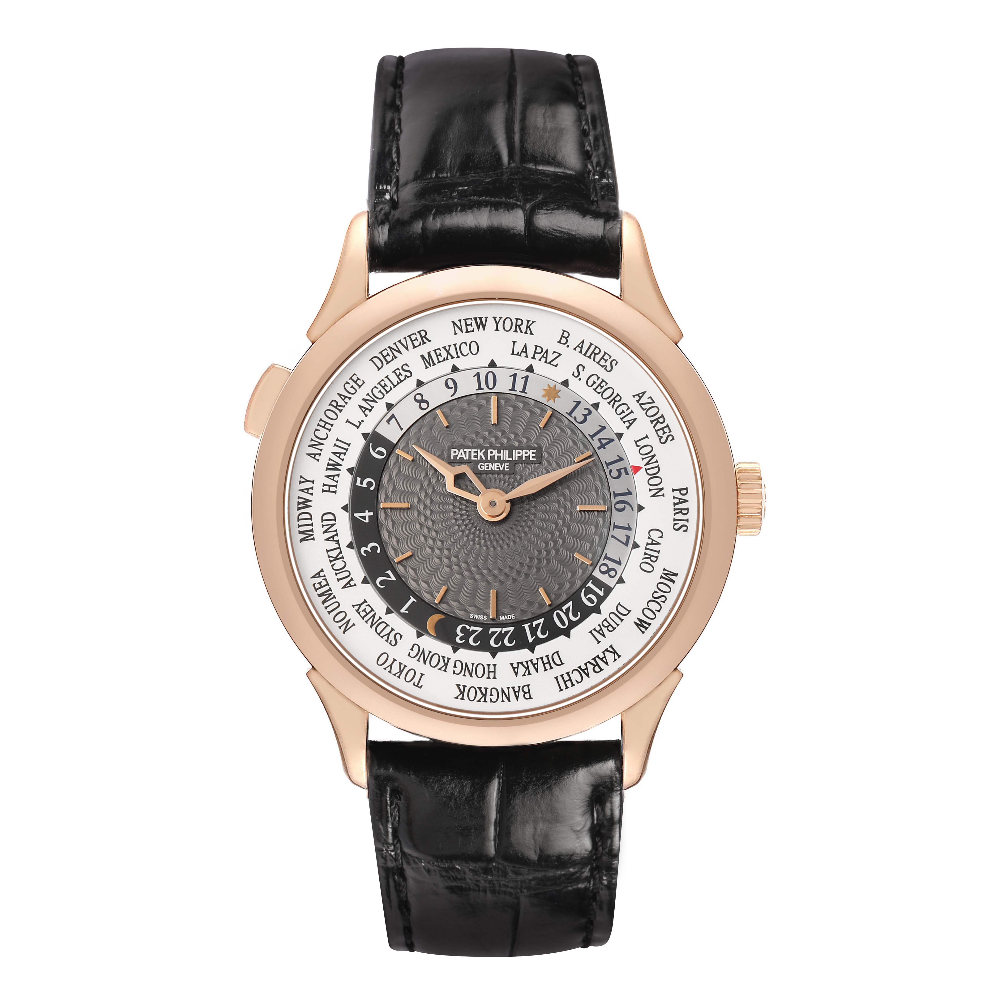 The Patek Philippe Complications 5230R-001 Men's Rose Gold Grey Dial watch is shown from a top-down angle, displaying the entire face and black leather strap.