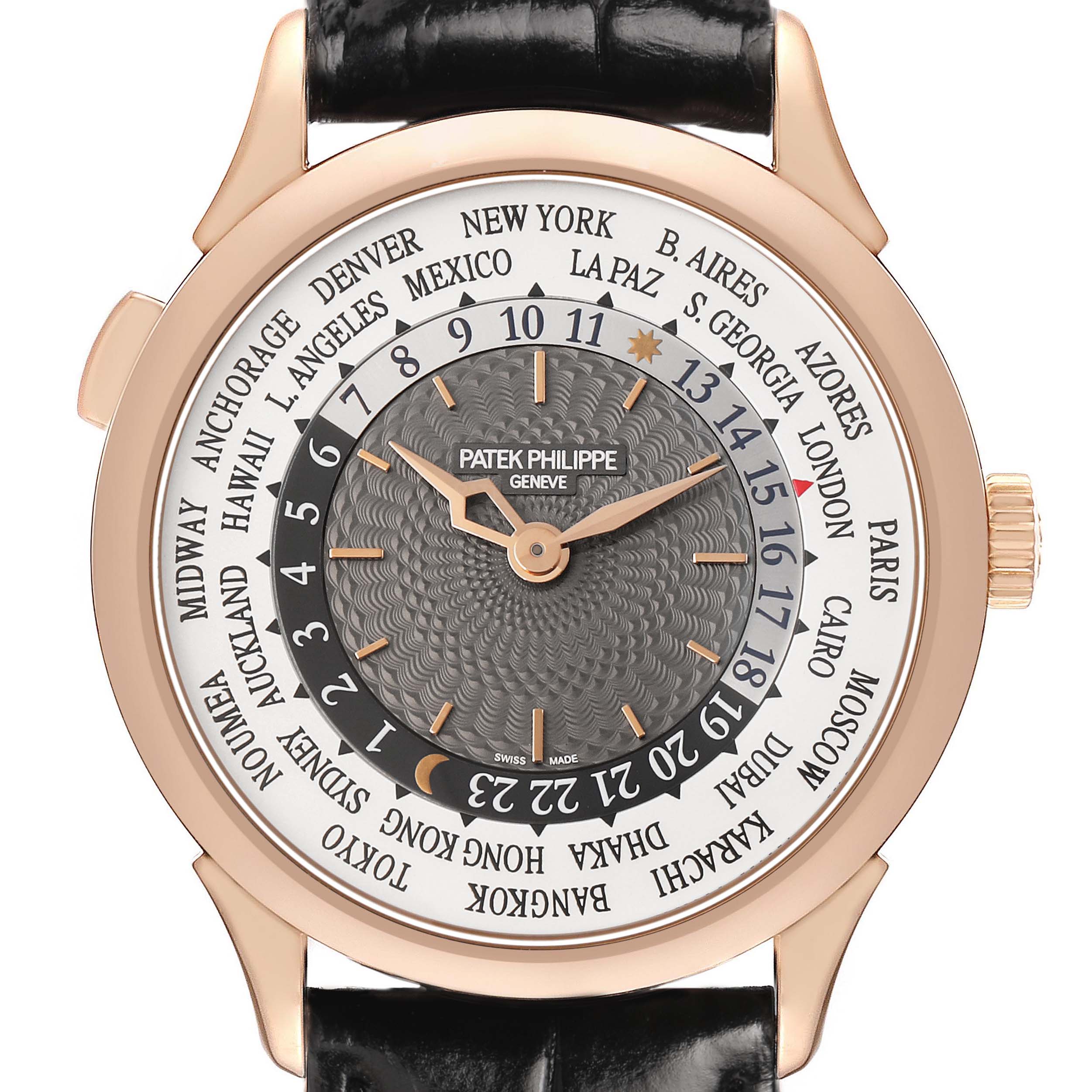 The Patek Philippe Complications 5230R-001 Men's Rose Gold Grey Dial watch is shown from the front, highlighting its dial, world time zones, and leather strap.
