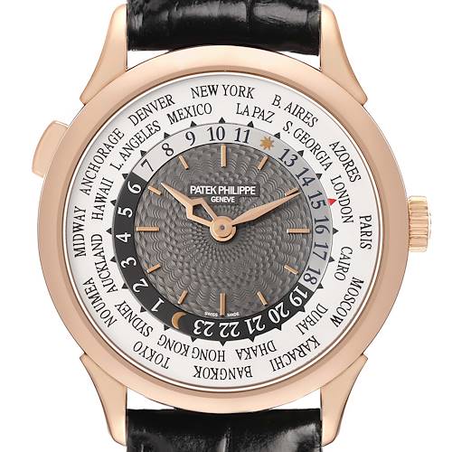 The Patek Philippe Complications 5230R-001 Men's Rose Gold Grey Dial watch is shown from the front, highlighting its world time dial and gold case.