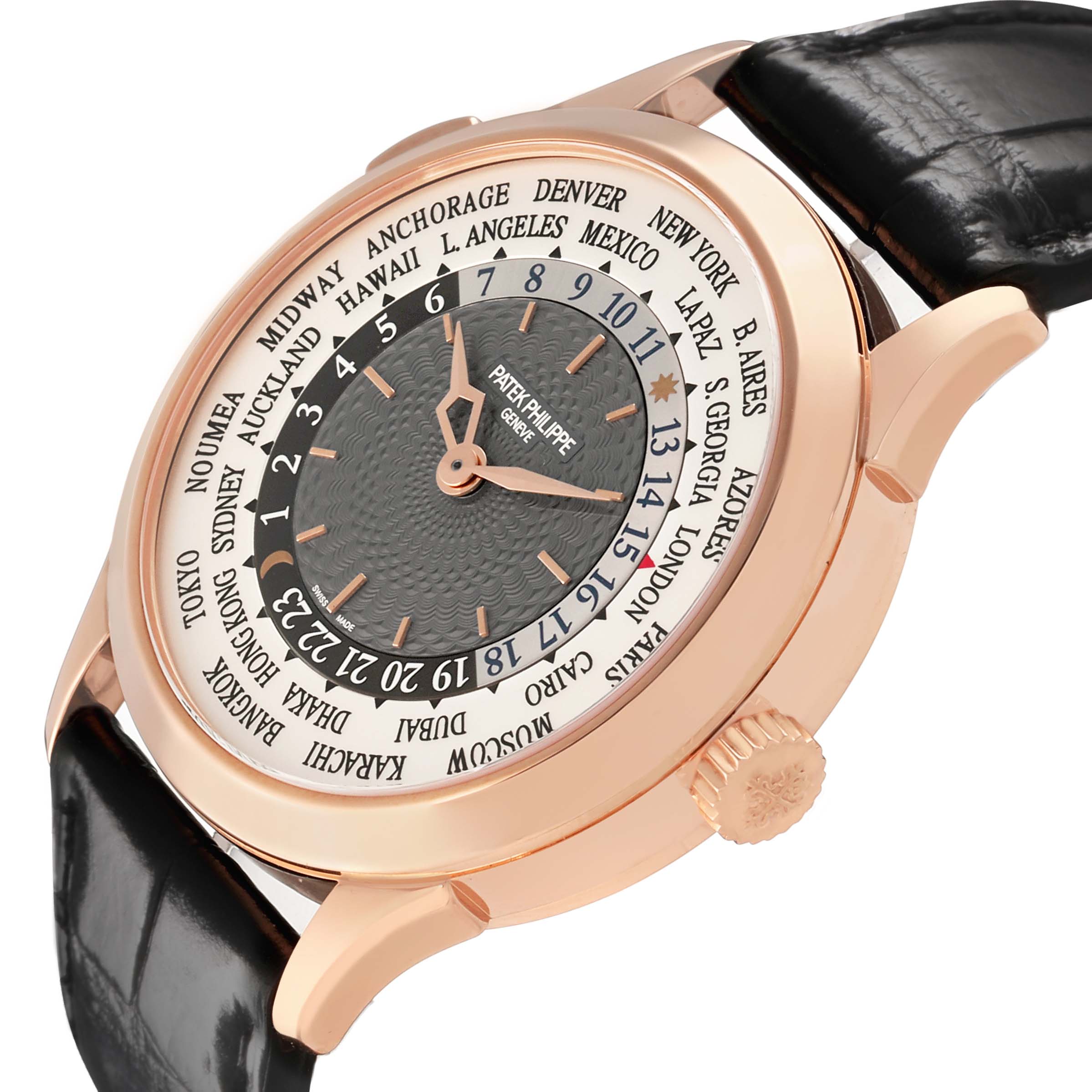 The Patek Philippe Complications 5230R-001 Men's Rose Gold Grey Dial watch is shown at a side angle highlighting its rose gold case, black leather strap, and world time dial.