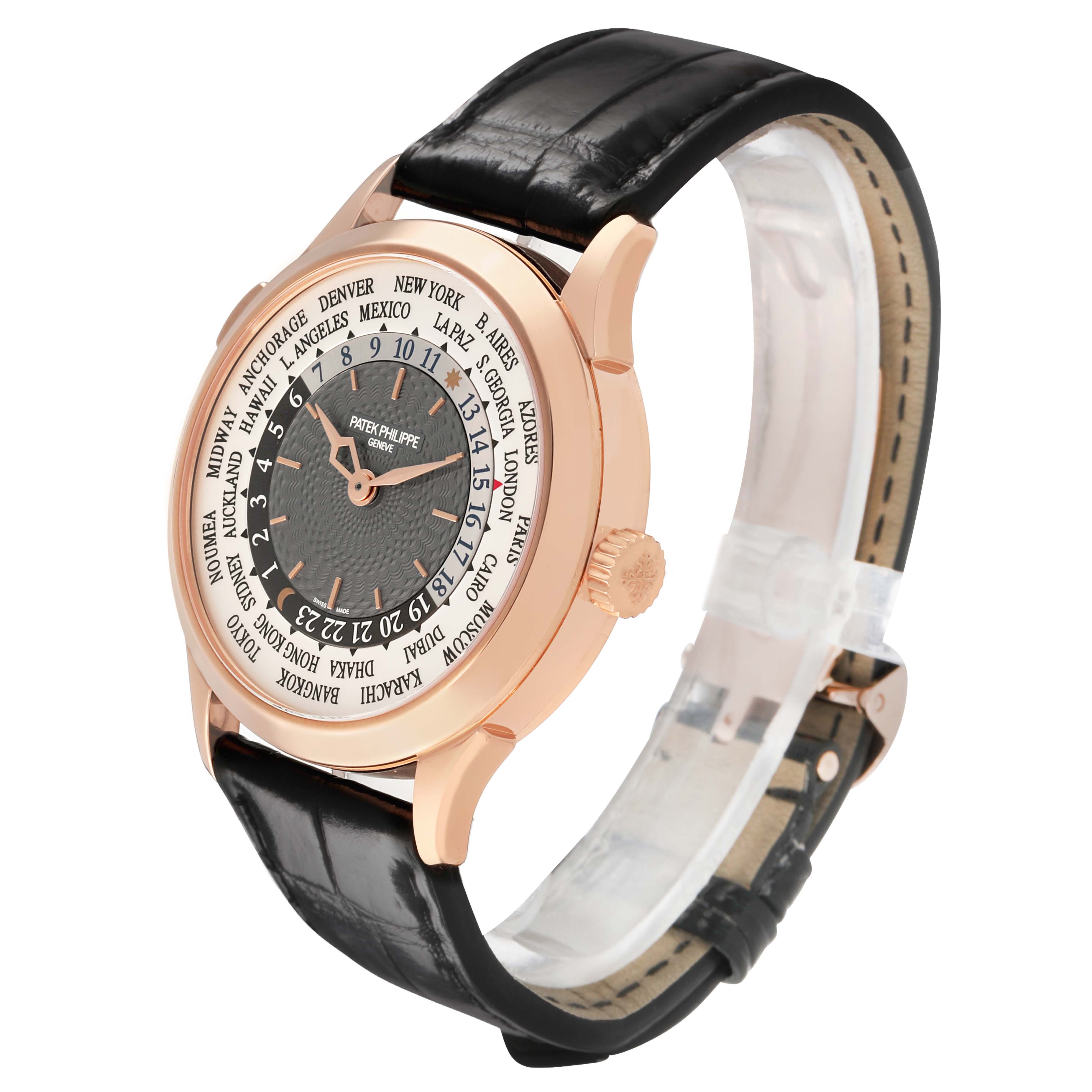 The Patek Philippe Complications 5230R-001 Men's Rose Gold Grey Dial watch is shown at a three-quarter angle, highlighting the face, rose gold casing, and black leather strap.