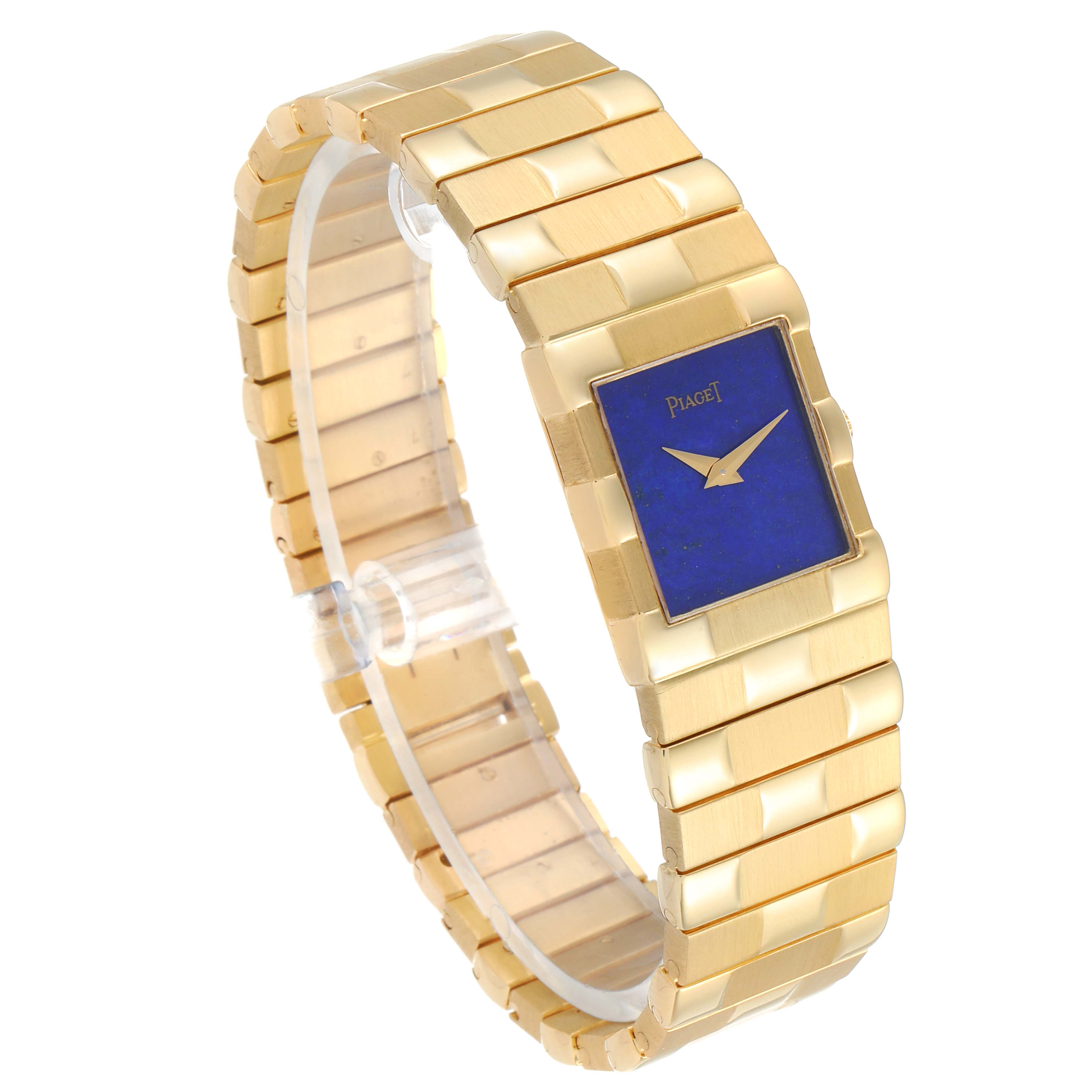 This image shows a side-angle view of the Piaget 81301 C581 Men
s Yellow Gold Blue Dial 81301 C581 Men
s Yellow Gold Blue Dial 81301 Yellow Gold Blue Lapis Lazuli Stone Dial Men
s Watch, highlighting the watch face and band.