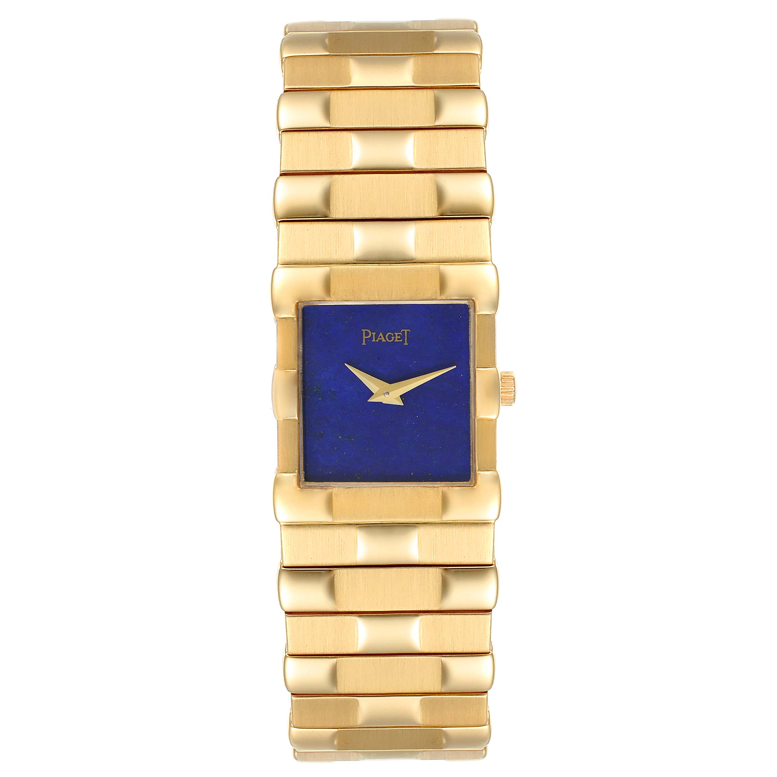 The image shows a front view of the Piaget 81301 C581 Men
s Yellow Gold Blue Dial 81301 C581 Men
s Yellow Gold Blue Dial 81301 Yellow Gold Men
s Watch with a Blue Lapis Lazuli Stone Dial.