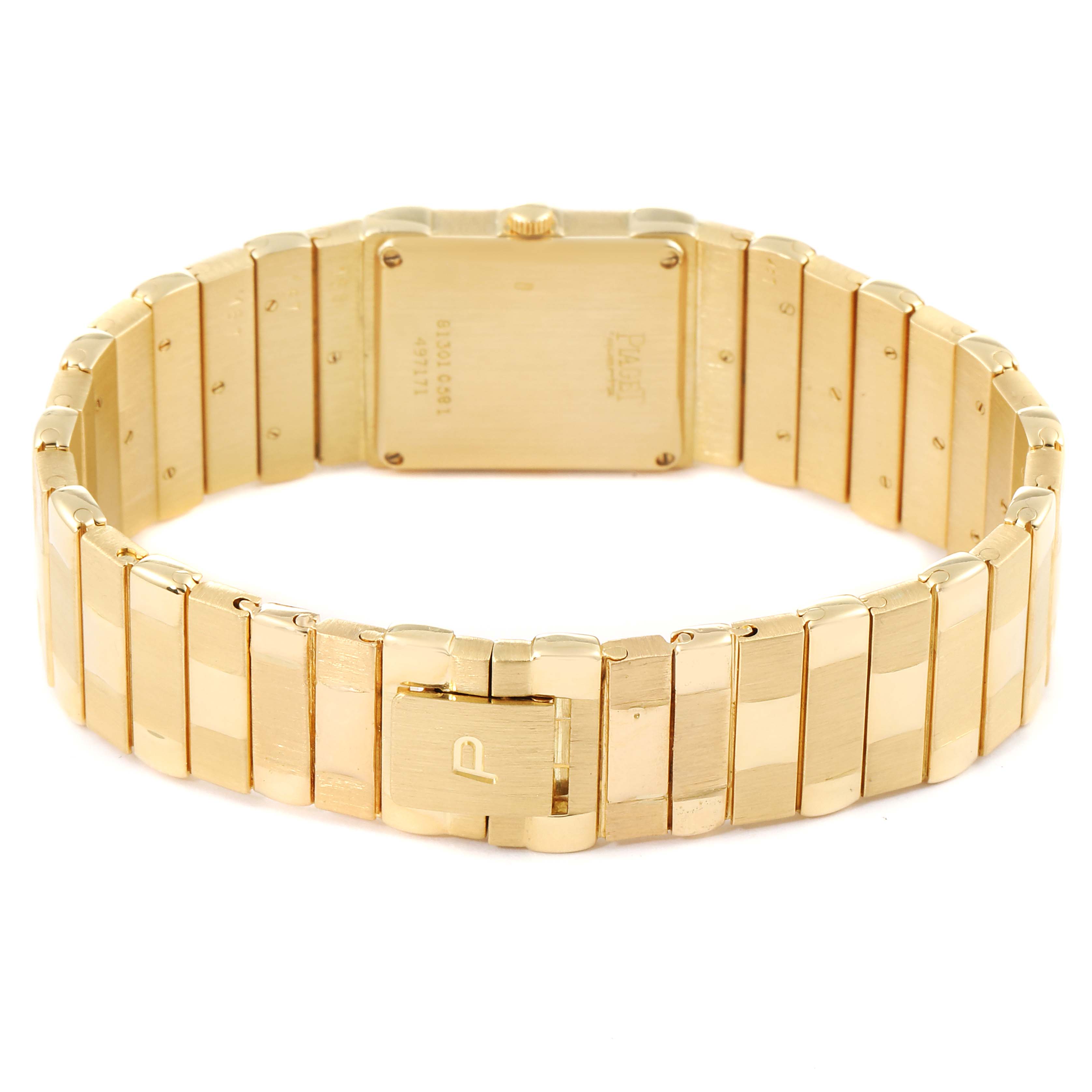 This image shows the back and clasp of a Piaget 81301 C581 Men
s Yellow Gold Blue Dial 81301 C581 Men
s Yellow Gold Blue Dial 81301 Yellow Gold Blue Lapis Lazuli Stone Dial Men
s Watch.