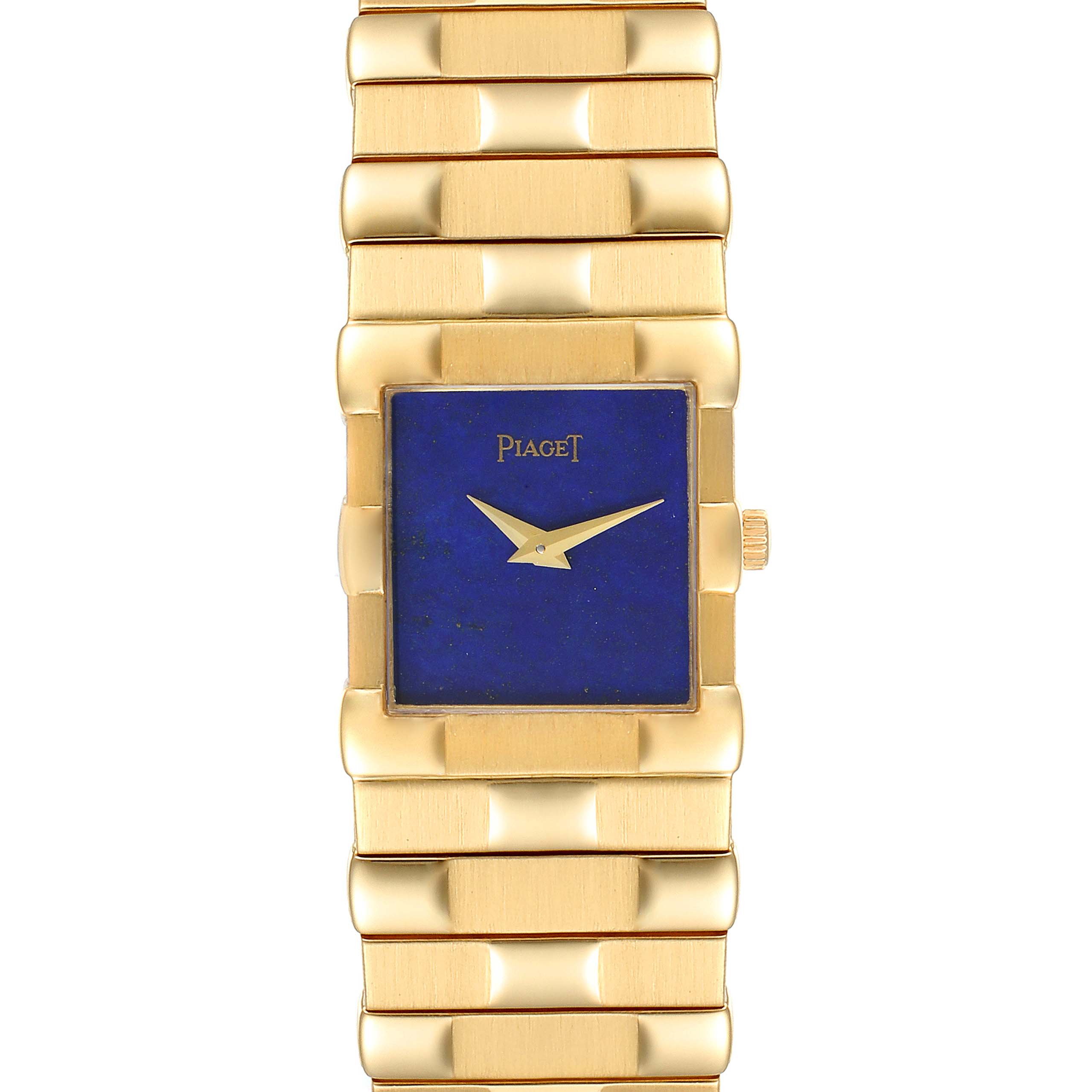 This is a front view of the Piaget 81301 C581 Men
s Yellow Gold Blue Dial 81301 C581 Men
s Yellow Gold Blue Dial 81301 Yellow Gold Blue Lapis Lazuli Stone Dial Men
s Watch, showing the dial, hands, and part of the bracelet.