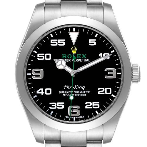 The Rolex Air-King 116900 Men's Stainless Steel Black Dial watch is shown from the front, highlighting the dial, bezel, crown, and part of the bracelet.