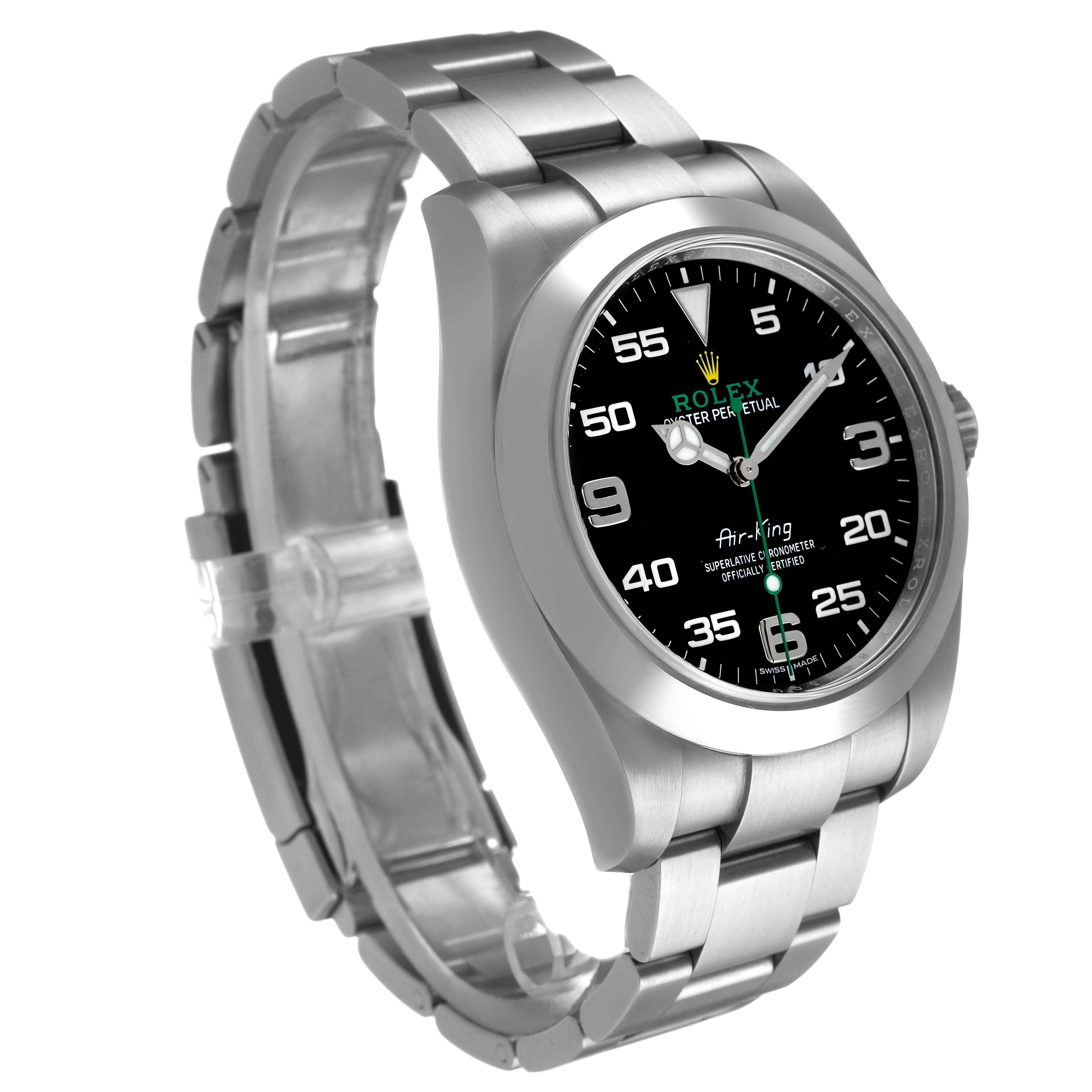 The Rolex Air-King 116900 Men's Stainless Steel Black Dial watch is shown at a 3/4 angle, highlighting the bracelet, case, dial, and crown.