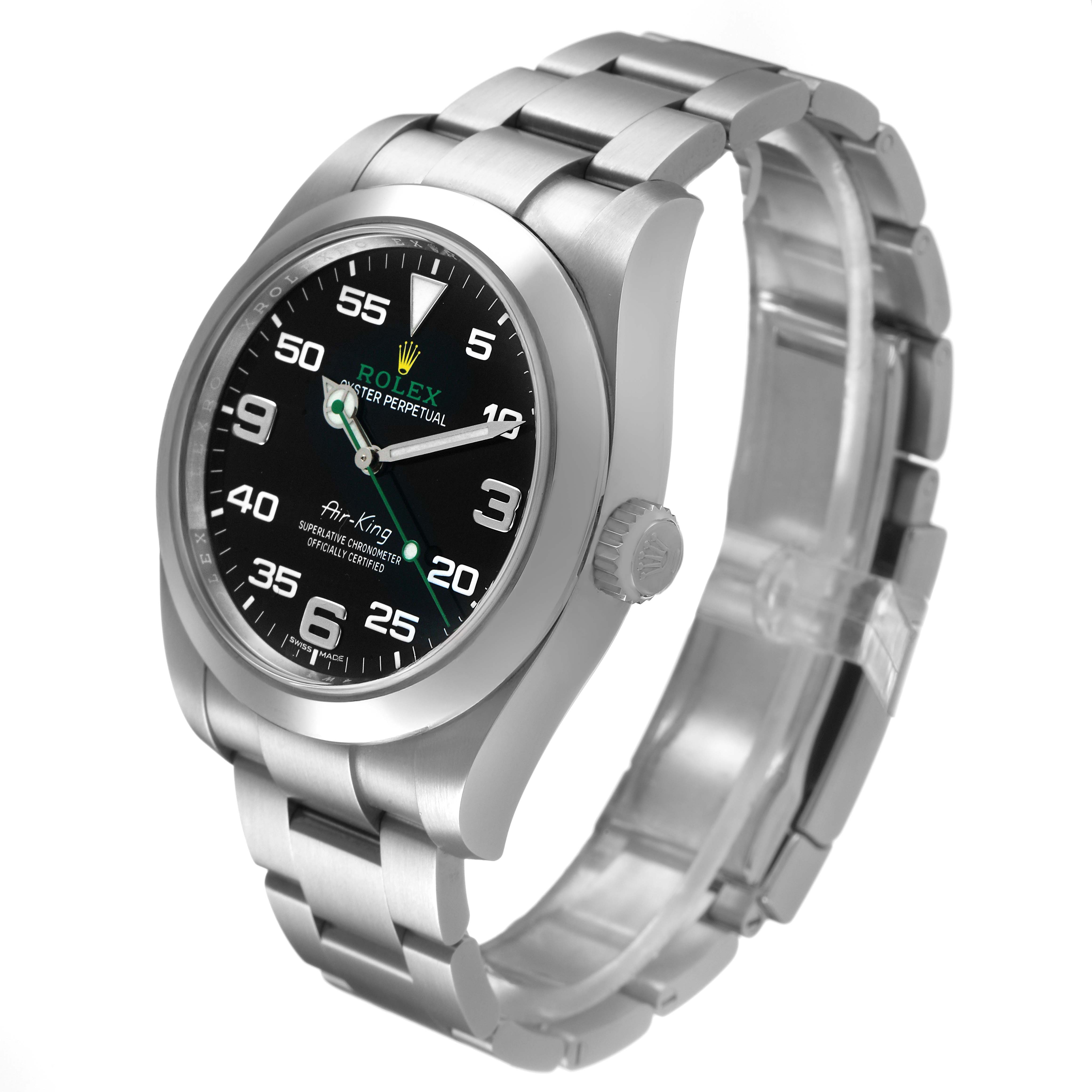The Rolex Air-King 116900 Men's Stainless Steel Black Dial watch is shown from an angled side view, featuring the face, crown, and bracelet.
