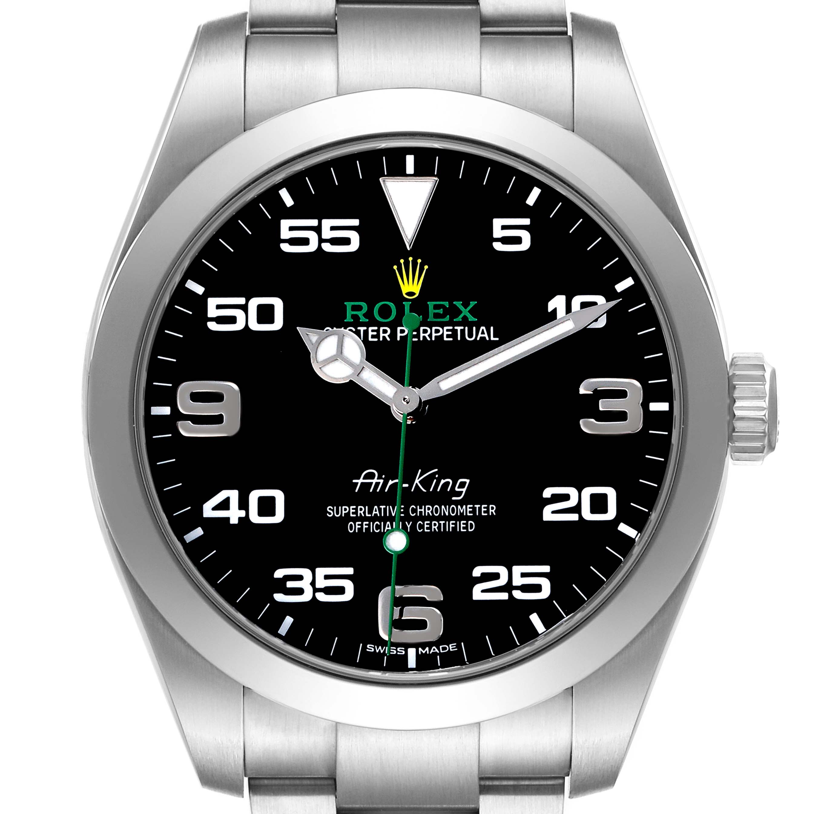 The Rolex Air-King 116900 Men's Stainless Steel Black Dial watch is shown from a front angle, highlighting the black dial, silver bezel, and bracelet.