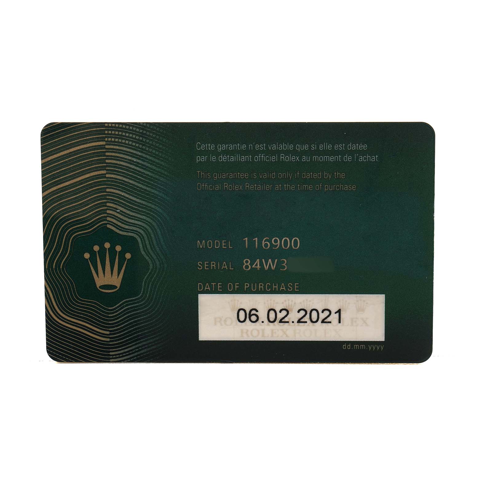 The image shows a warranty card for a Rolex Air-King 116900 Men's Stainless Steel Black Dial model, displaying model and serial numbers, with the purchase date.