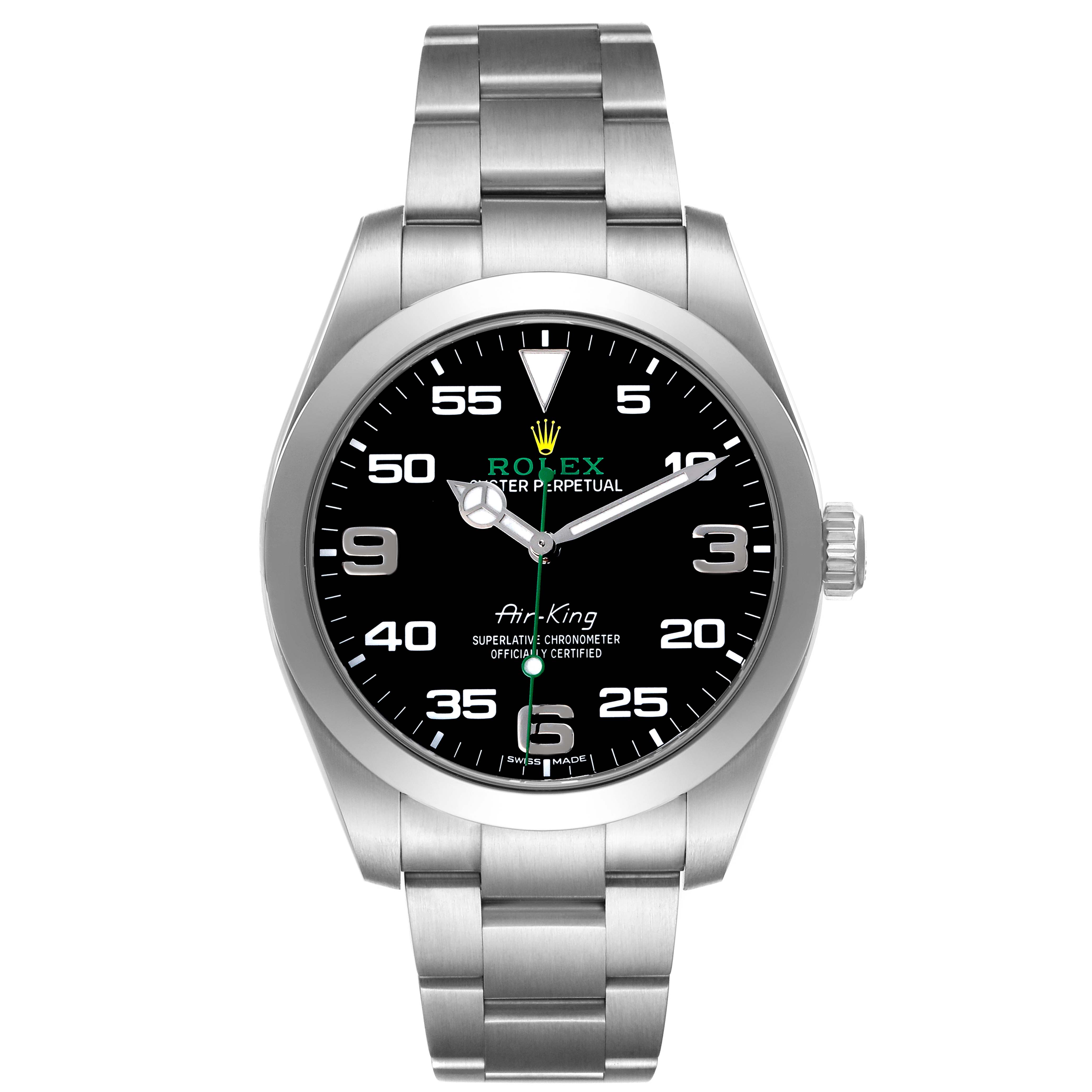 The Rolex Air-King 116900 Men's Stainless Steel Black Dial watch is shown from the front, displaying the dial, bezel, bracelet, and crown.