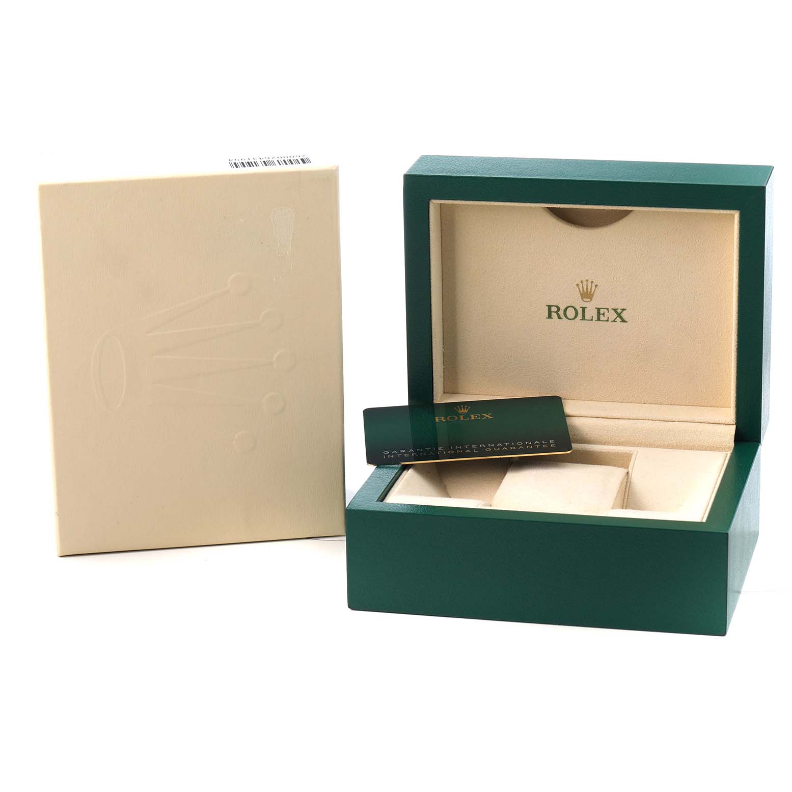 The image shows a Rolex Air-King 116900 Men's Stainless Steel Black Dial watch box and a guarantee card, with the box open displaying the interior.