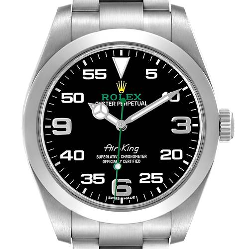 The Rolex Air-King 116900 Men's Stainless Steel Black Dial watch is shown from a front angle, displaying the black dial, hour markers, hands, crown, and part of the bracelet.