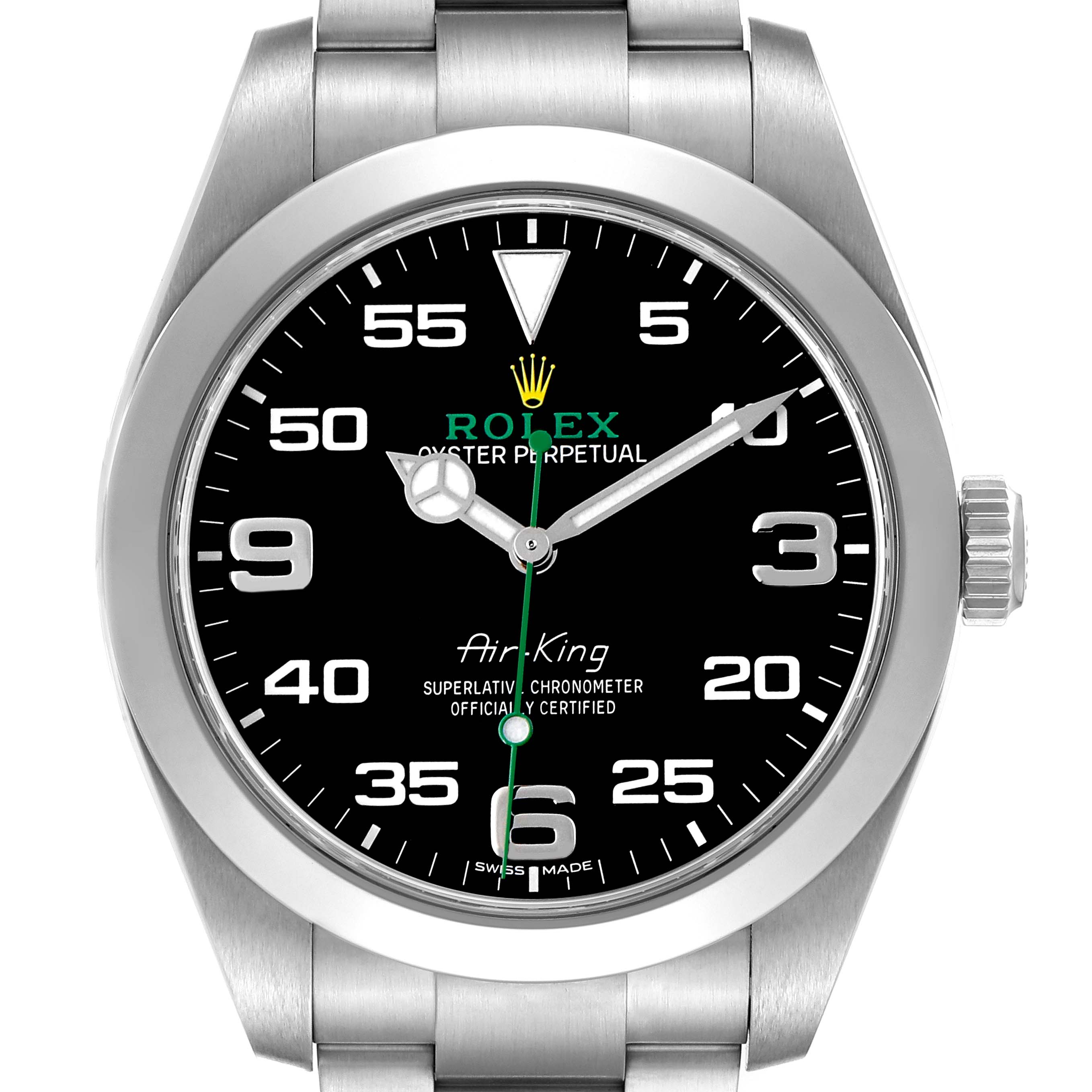 The Rolex Air-King 116900 Men's Stainless Steel Black Dial watch is shown from a front angle, highlighting the dial, bezel, and bracelet.