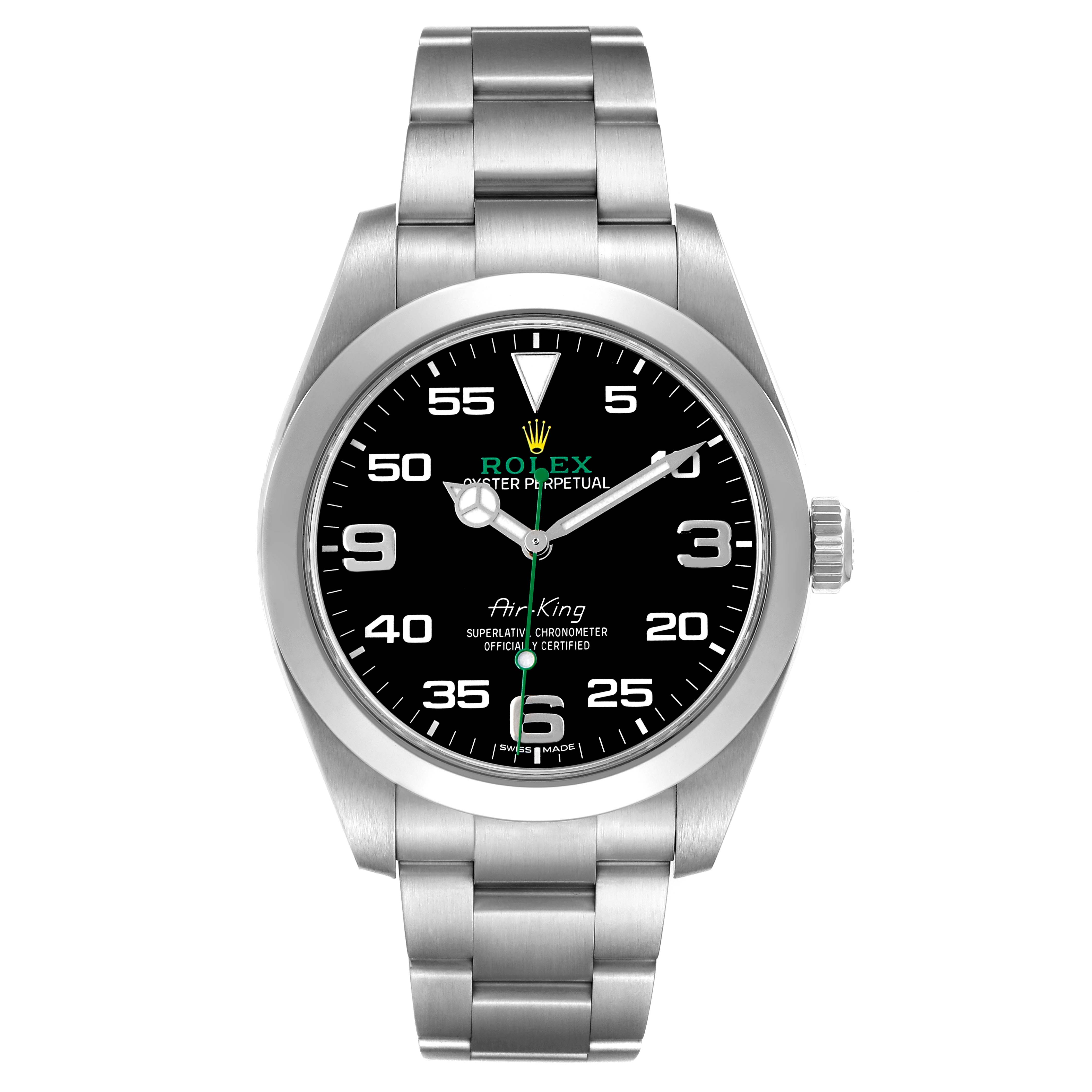 The Rolex Air-King 116900 Men's Stainless Steel Black Dial watch is shown from a frontal angle, highlighting the dial, bezel, case, and bracelet.