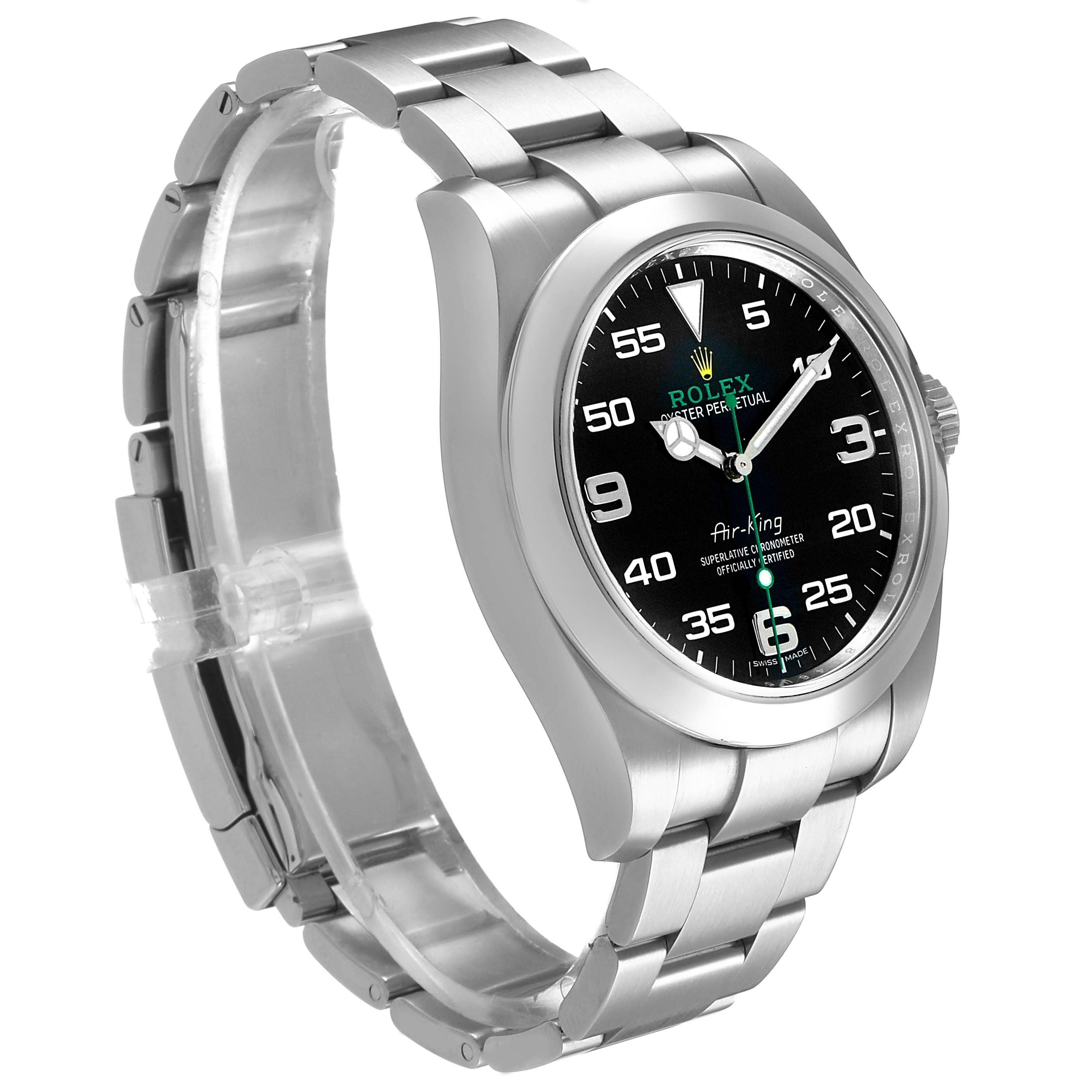 The Rolex Air-King 116900 Men's Stainless Steel Black Dial watch is shown at a slightly tilted front angle, displaying the face, bezel, and part of the bracelet.