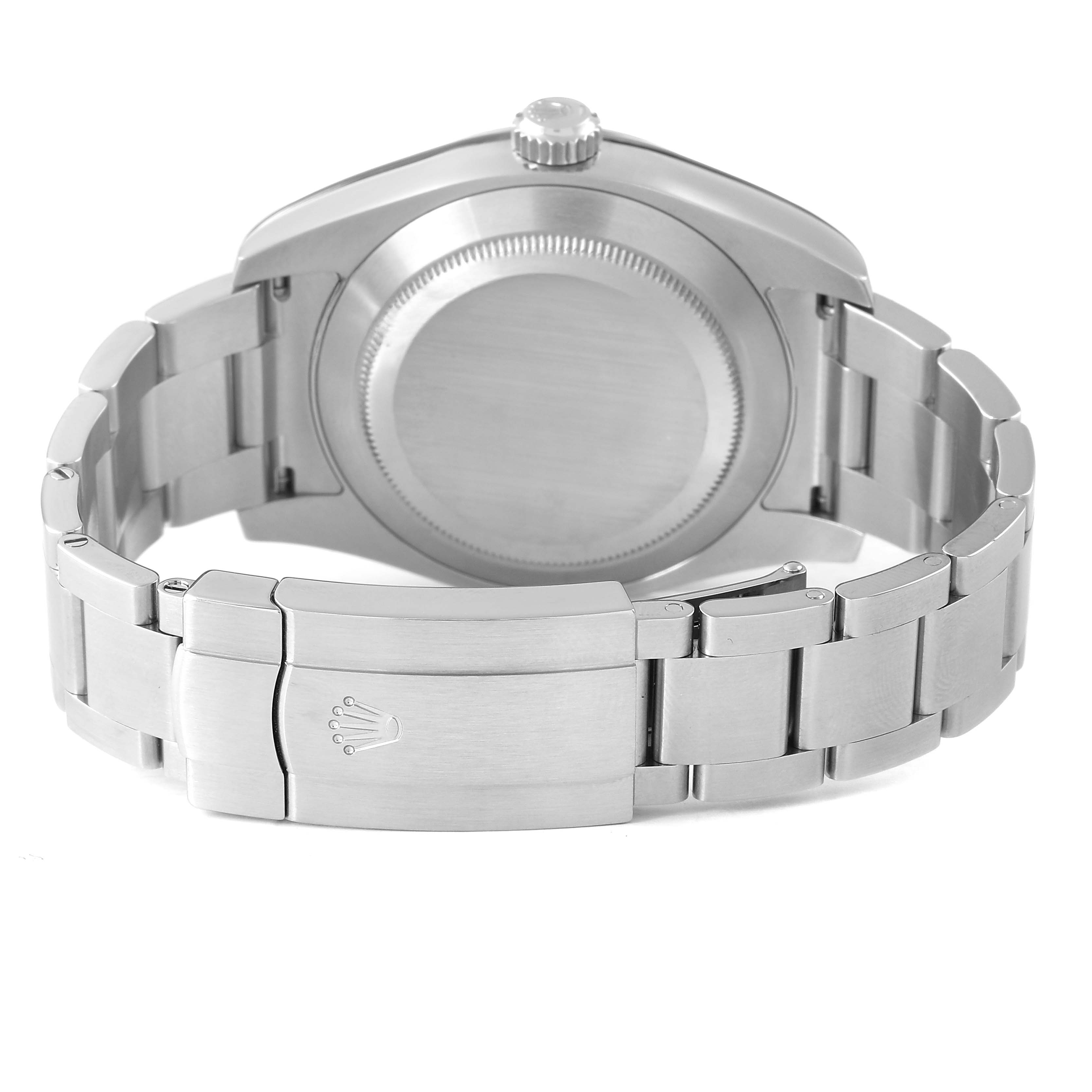 The image shows the back of a Rolex Air-King 116900 Men's Stainless Steel Black Dial watch, featuring its case back and bracelet clasp.