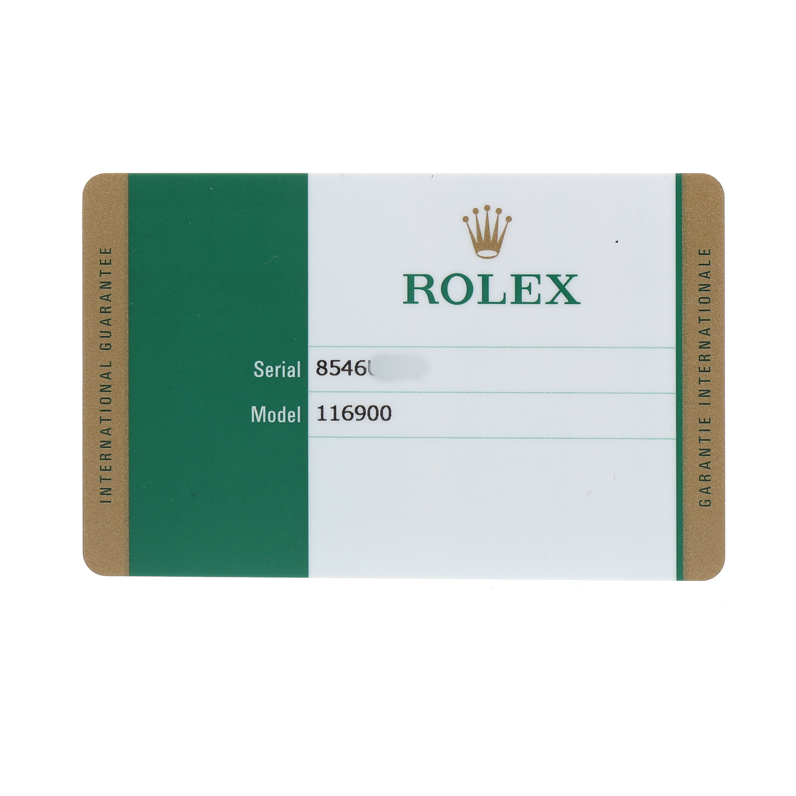 The image shows a Rolex Air-King 116900 Men's Stainless Steel Black Dial warranty card with serial and model numbers.