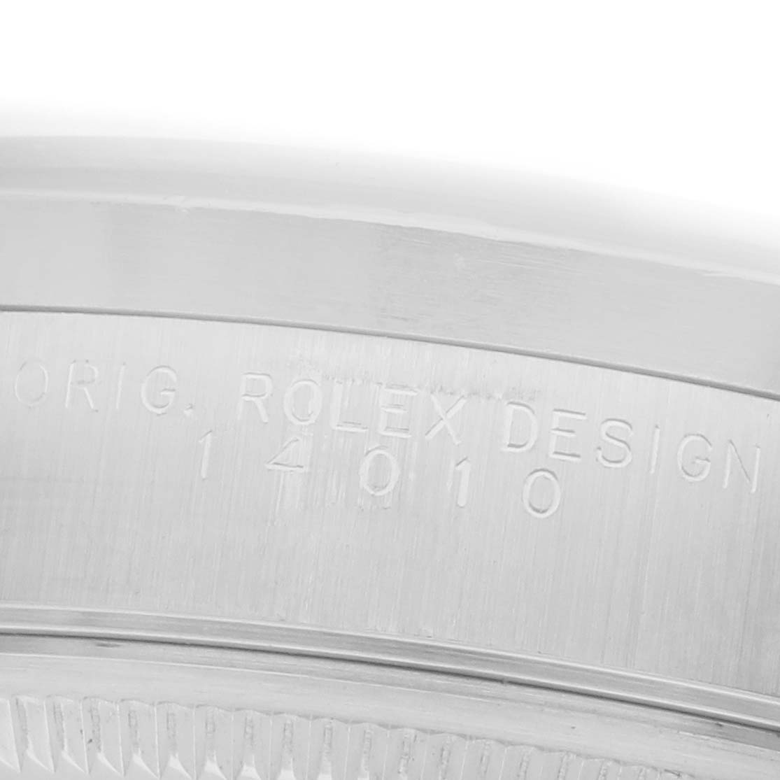 The image shows a close-up of the side of the Rolex Air-King 14010 Men's Stainless Steel Blue Dial 14010 Men's Stainless Steel Blue Dial watch, focusing on the engraved model number.