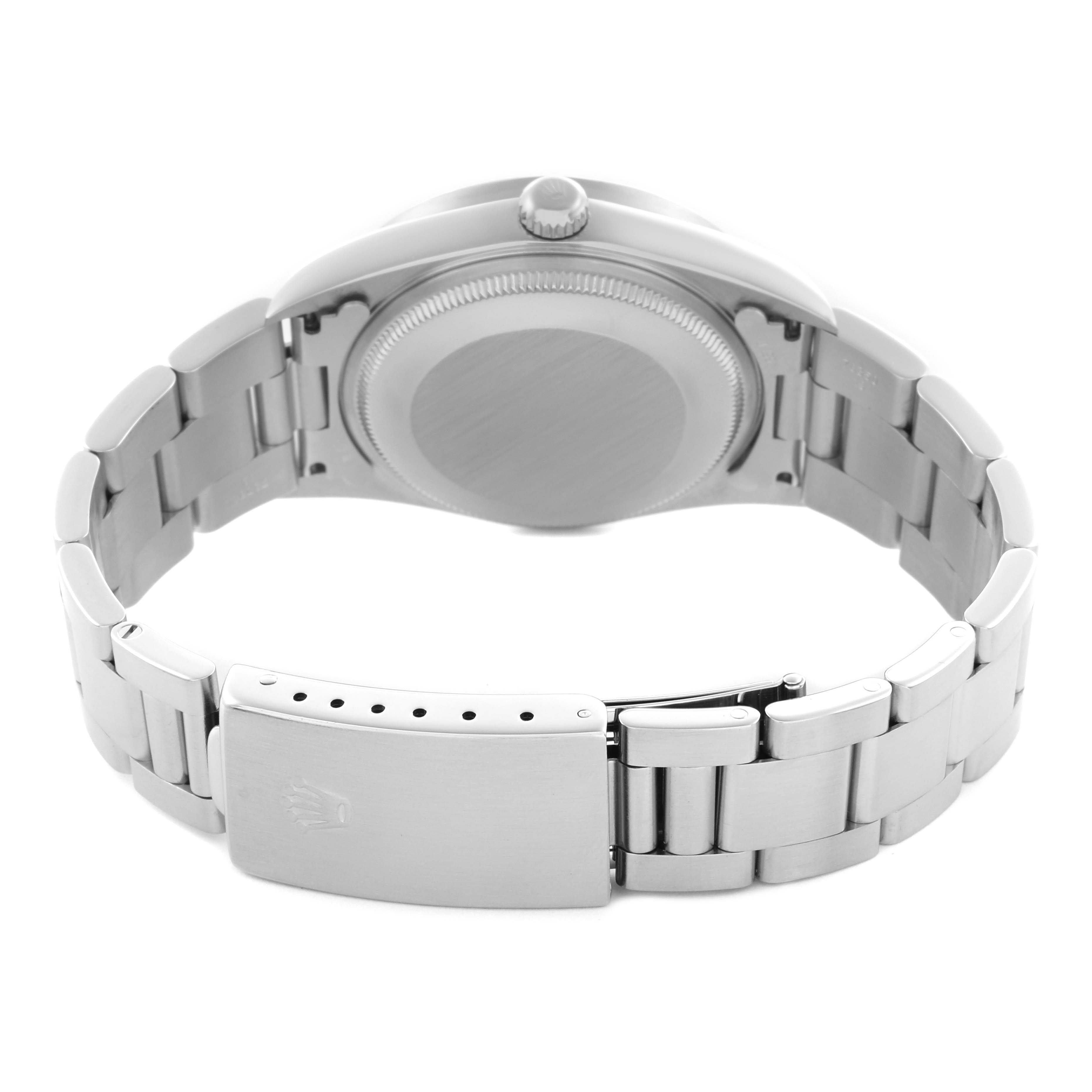 The image shows the back case and partially open bracelet of a Rolex Air-King 14010 Men's Stainless Steel Blue Dial 14010 Men's Stainless Steel Blue Dial, viewed from a rear angle.