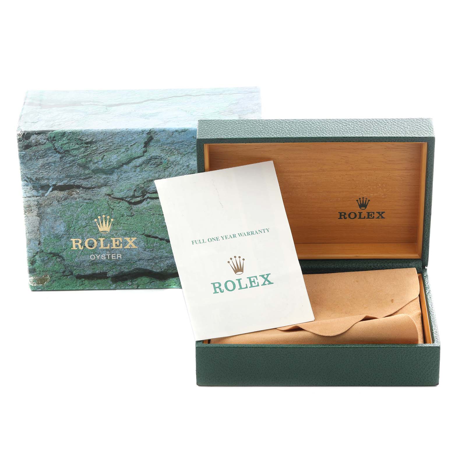 The image shows the open box and warranty card for a Rolex Air-King 14010 Men's Stainless Steel Blue Dial 14010 Men's Stainless Steel Blue Dial watch.