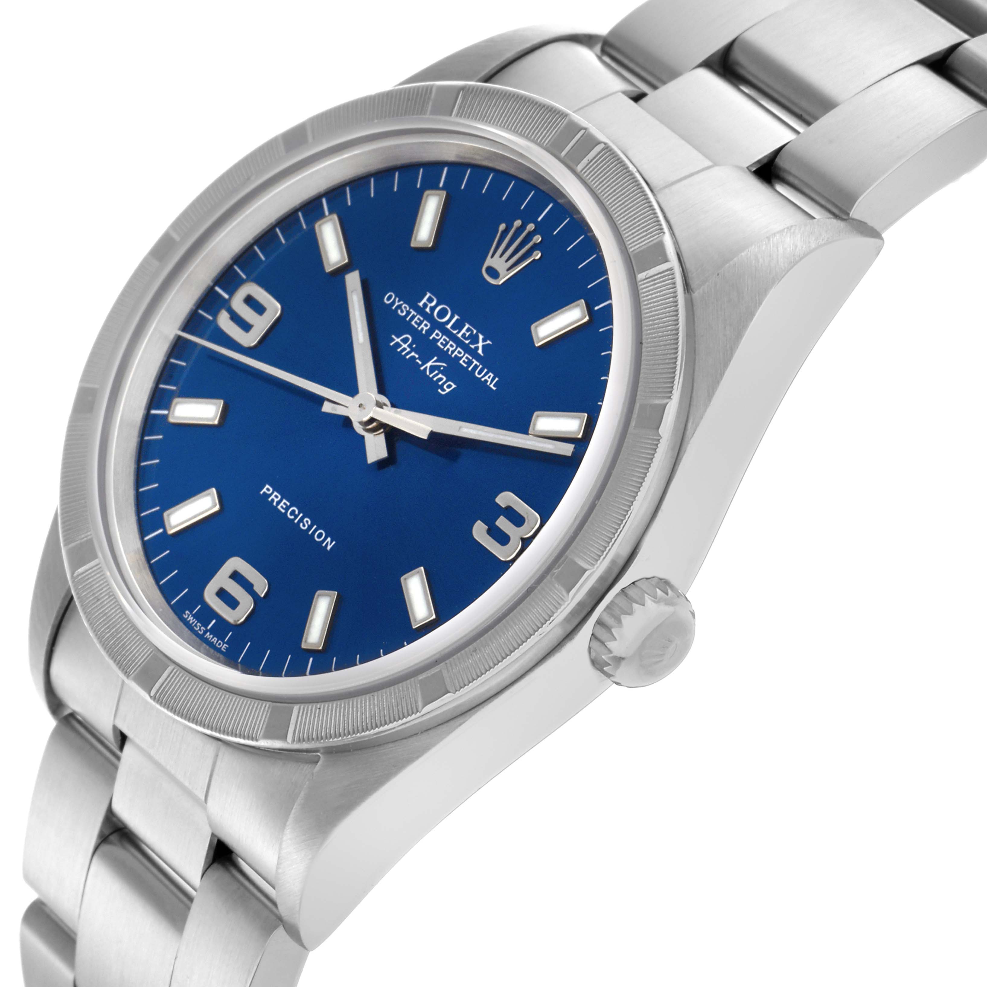 The Rolex Air-King 14010 Men's Stainless Steel Blue Dial 14010 Men's Stainless Steel Blue Dial watch is shown at an oblique angle, highlighting the blue dial, crown, and metal bracelet.