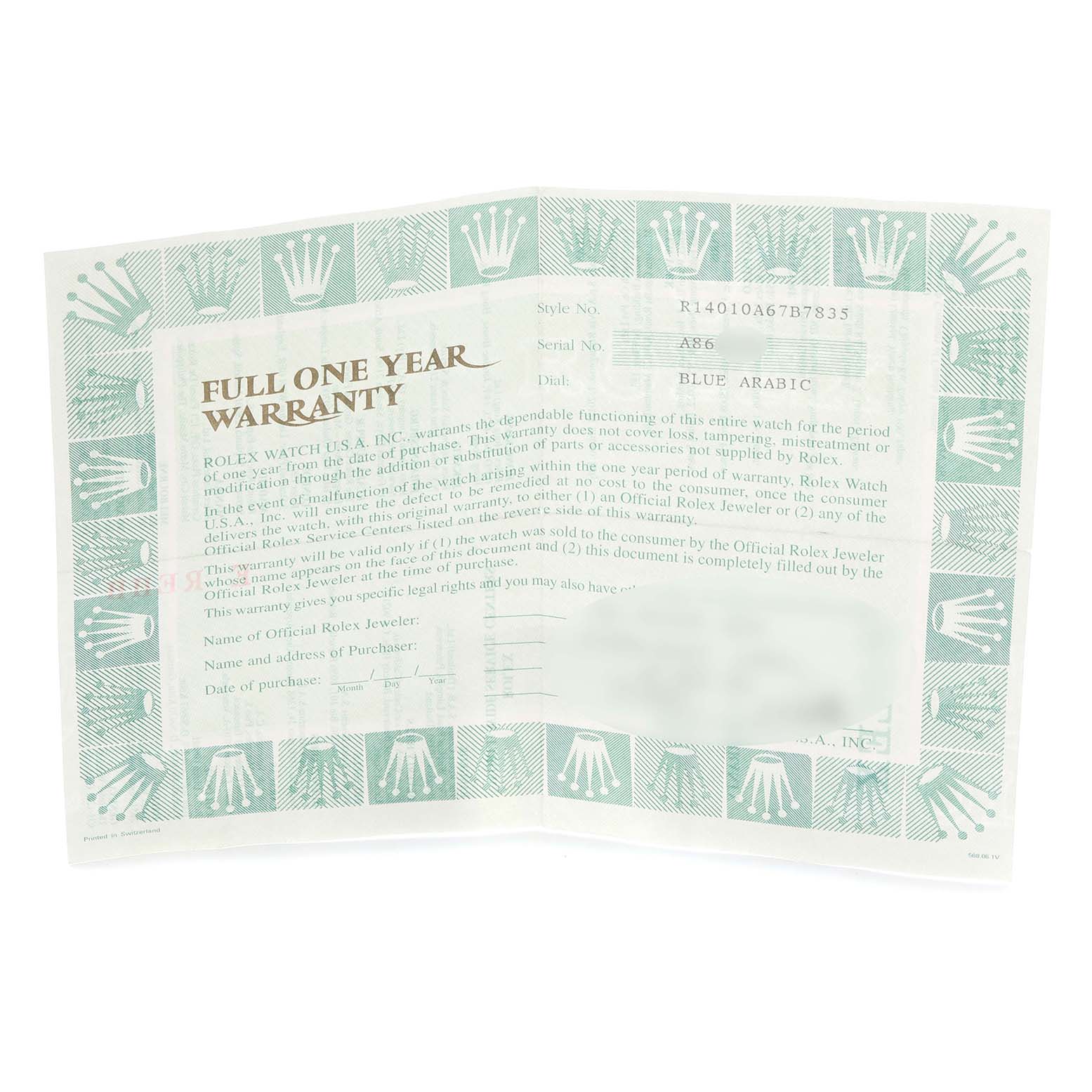 The image shows a Rolex Air-King 14010 Men's Stainless Steel Blue Dial 14010 Men's Stainless Steel Blue Dial warranty certificate, featuring text and Rolex logos.