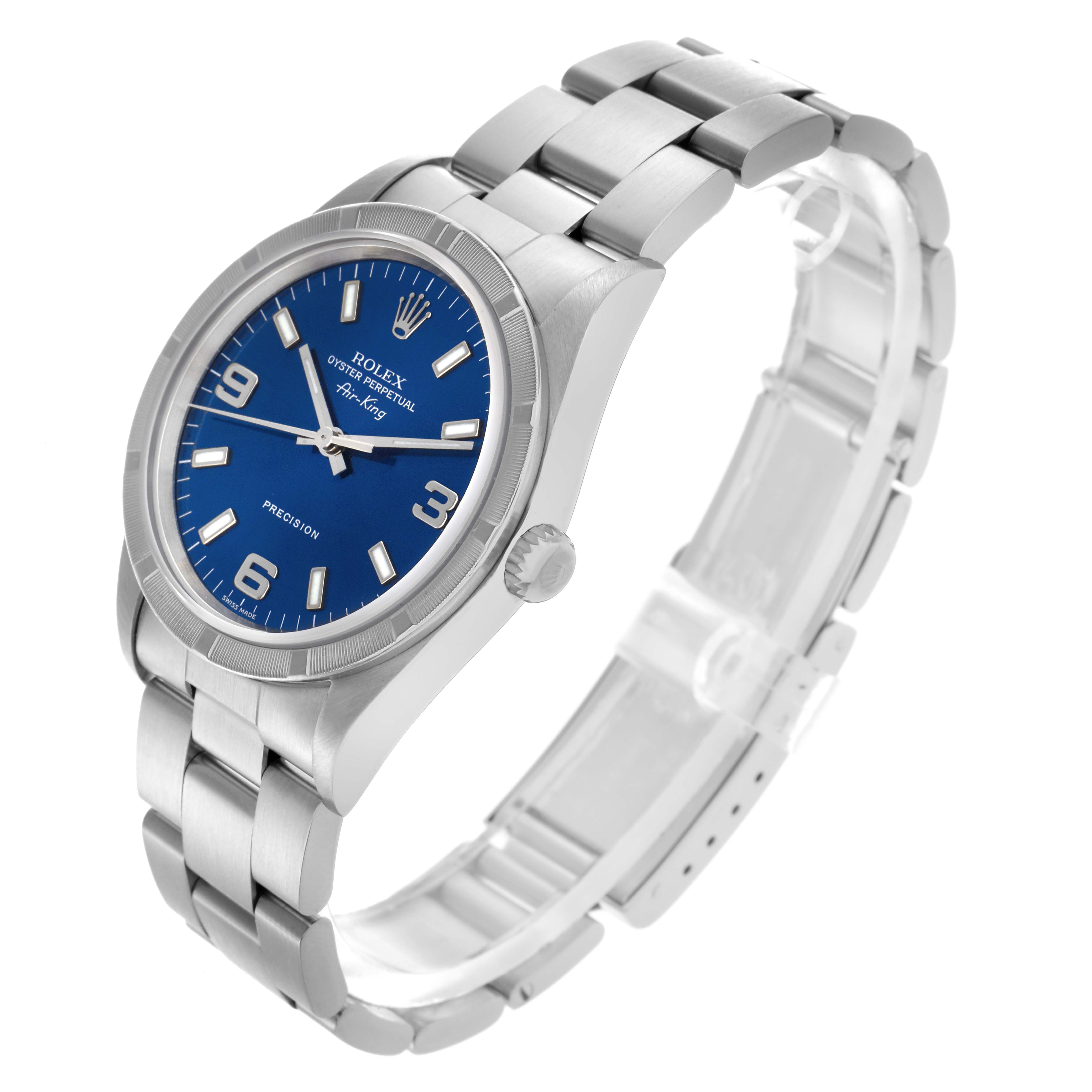 The Rolex Air-King 14010 Men's Stainless Steel Blue Dial 14010 Men's Stainless Steel Blue Dial watch is shown at a three-quarter angle highlighting its face, bezel, crown, and bracelet.