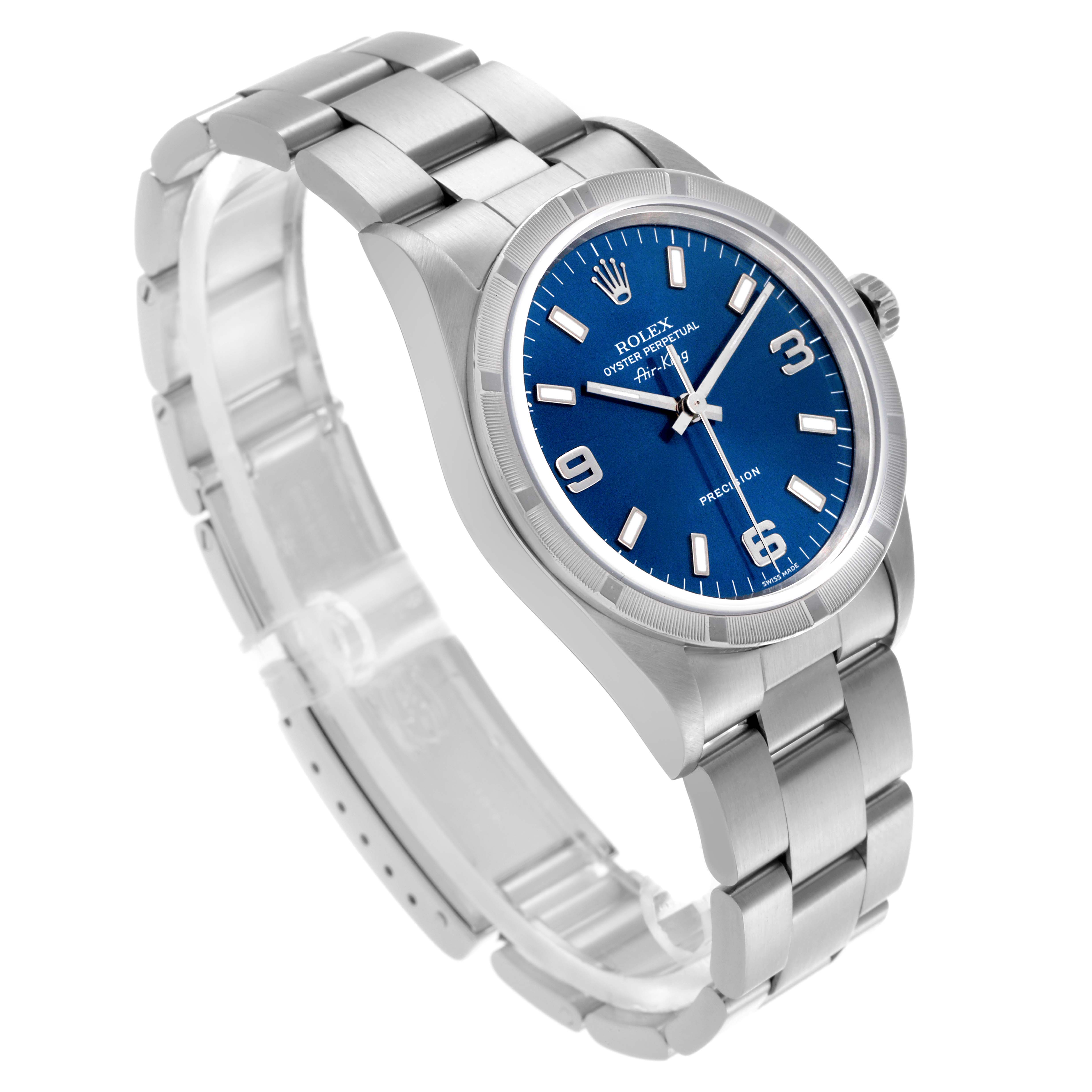 The Rolex Air-King 14010 Men's Stainless Steel Blue Dial 14010 Men's Stainless Steel Blue Dial watch is shown from a three-quarter angle displaying its face, bracelet, and clasp.