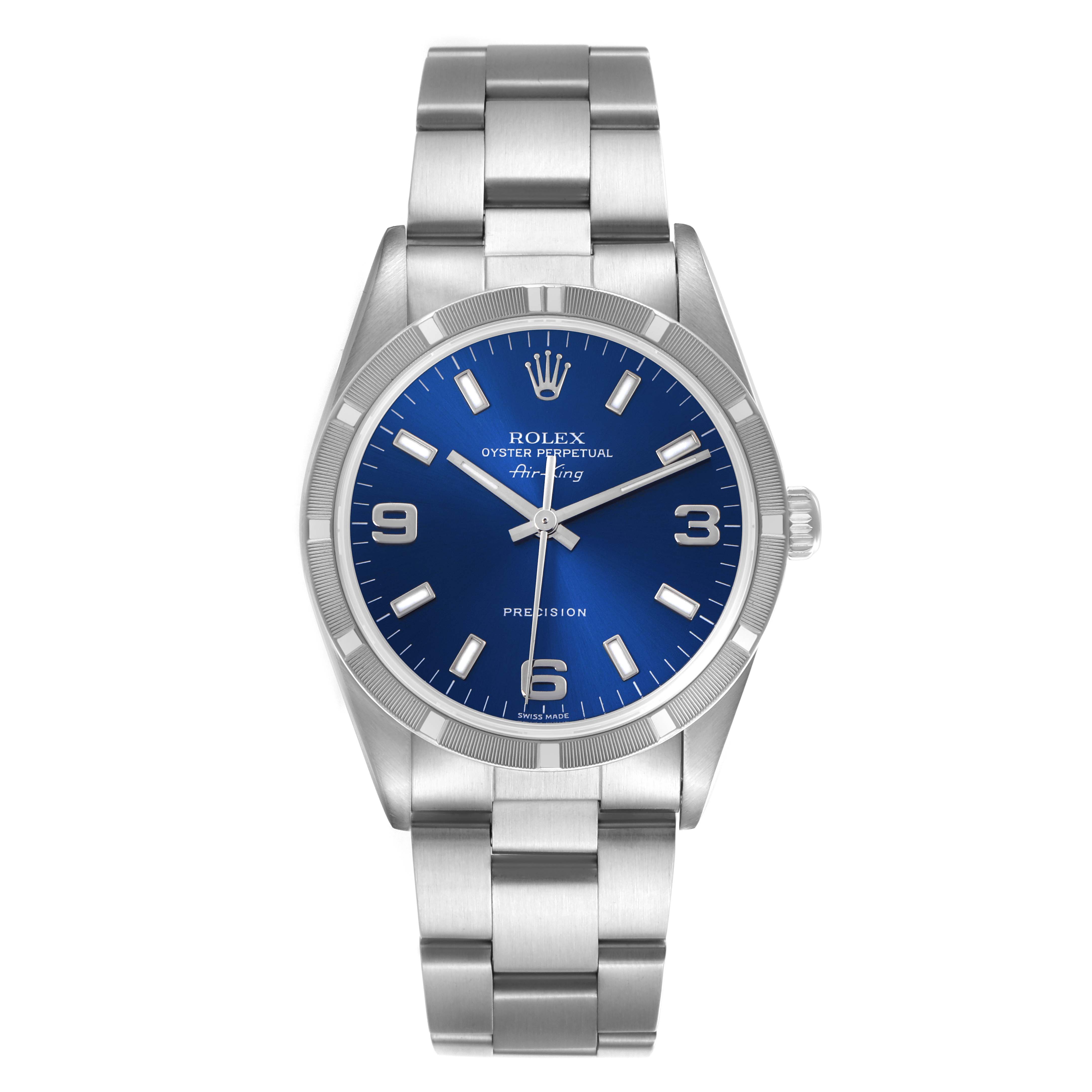 The Rolex Air-King 14010 Men's Stainless Steel Blue Dial 14010 Men's Stainless Steel Blue Dial watch is shown from a front angle, featuring its dial, bezel, and bracelet.