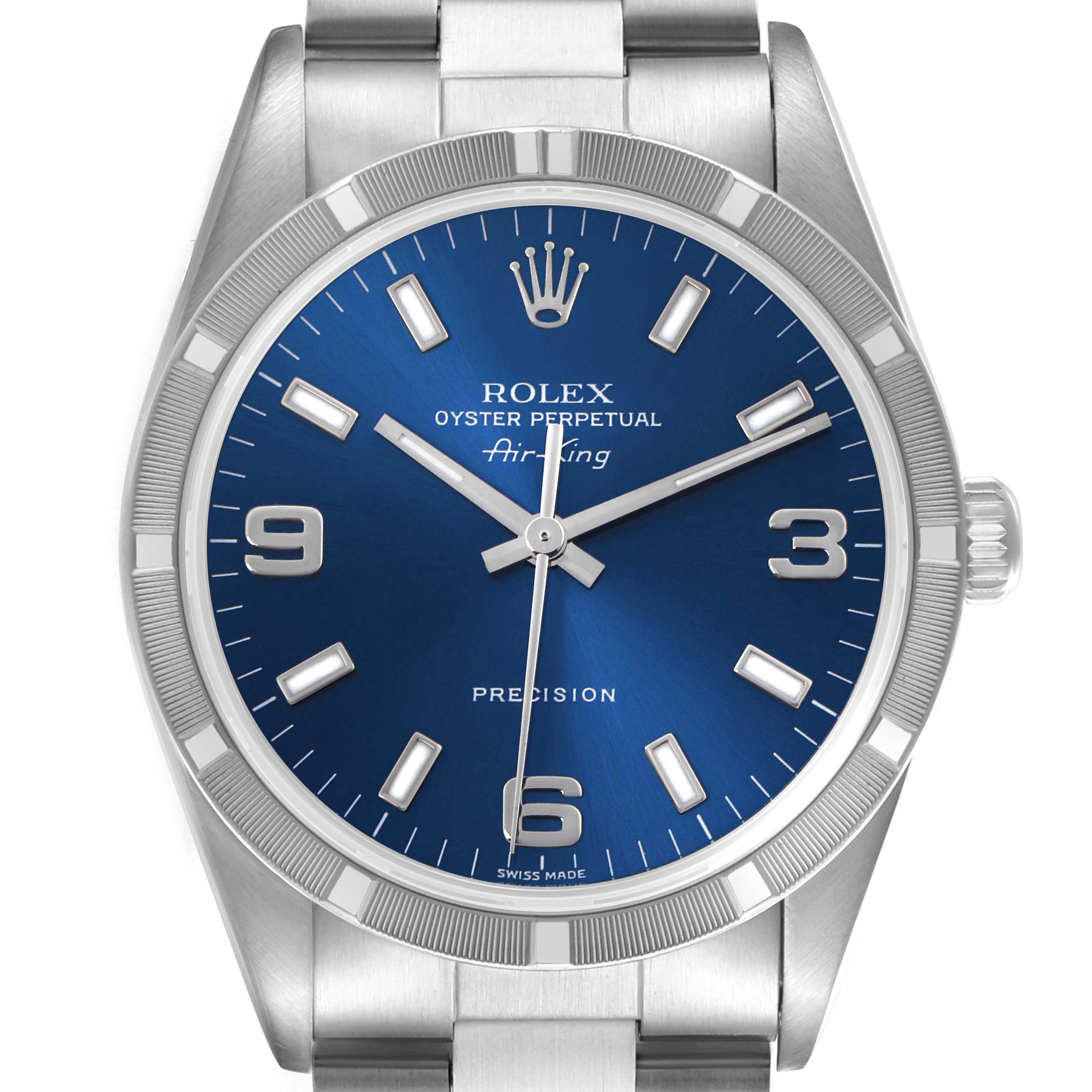 The Rolex Air-King 14010 Men's Stainless Steel Blue Dial 14010 Men's Stainless Steel Blue Dial watch is shown from the front, highlighting its blue dial, hour markers, hands, and crown.