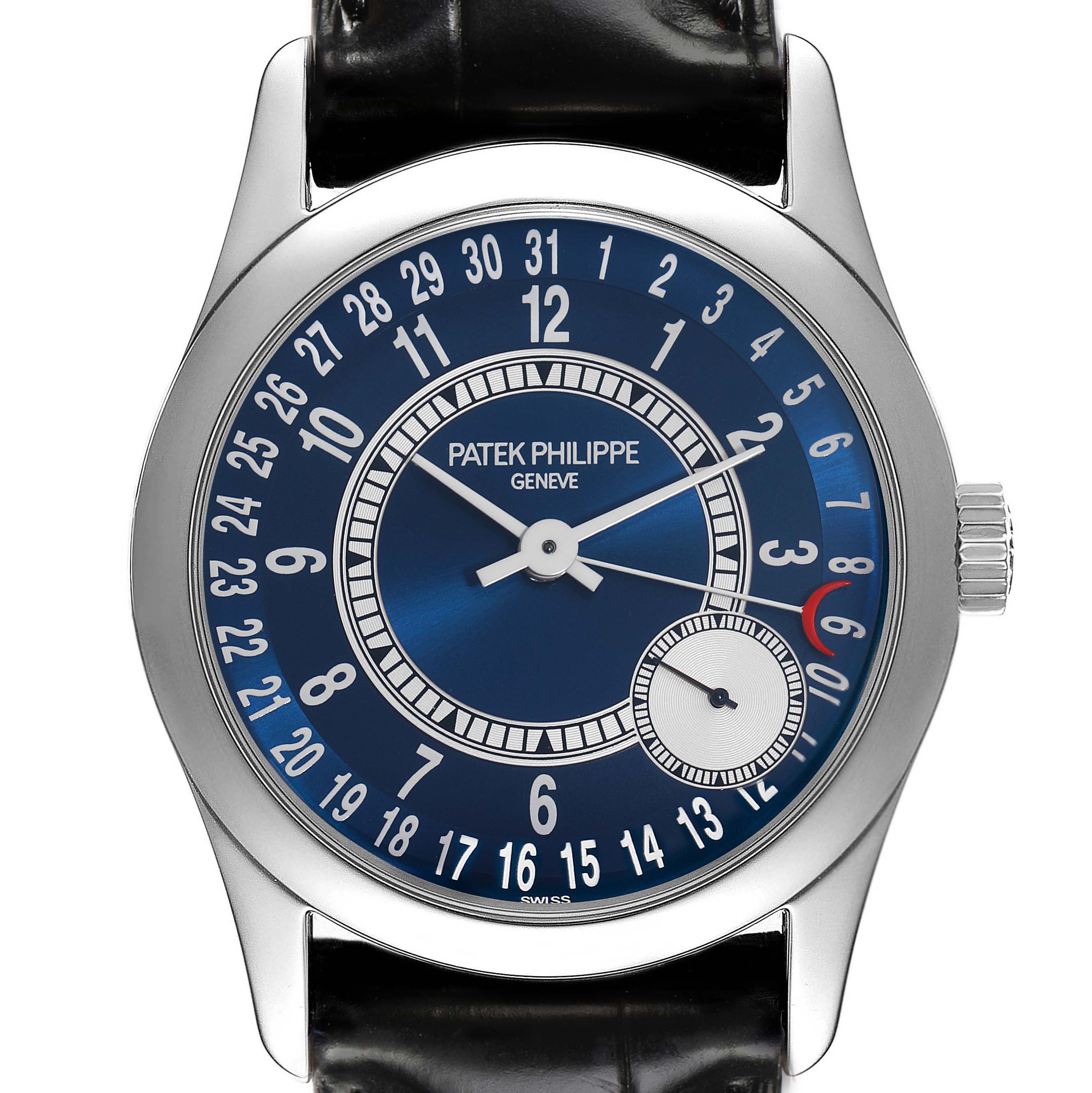 The Patek Philippe Calatrava 6000G-012 Men's White Gold Blue Dial 6000G-012 Men's White Gold Blue Dial watch is shown from the front, highlighting its blue dial, numerals, and date display.